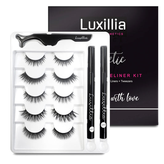 Luxillia 8 Piece Eyelash Magnetic Lashes with Eyeliner (Clear and Black) - Natural Looking False Magnetic Eyelashes Kit with Waterproof Liquid Liner Applicator, 8D, 3D Look, Reusable Fake Eye Lash