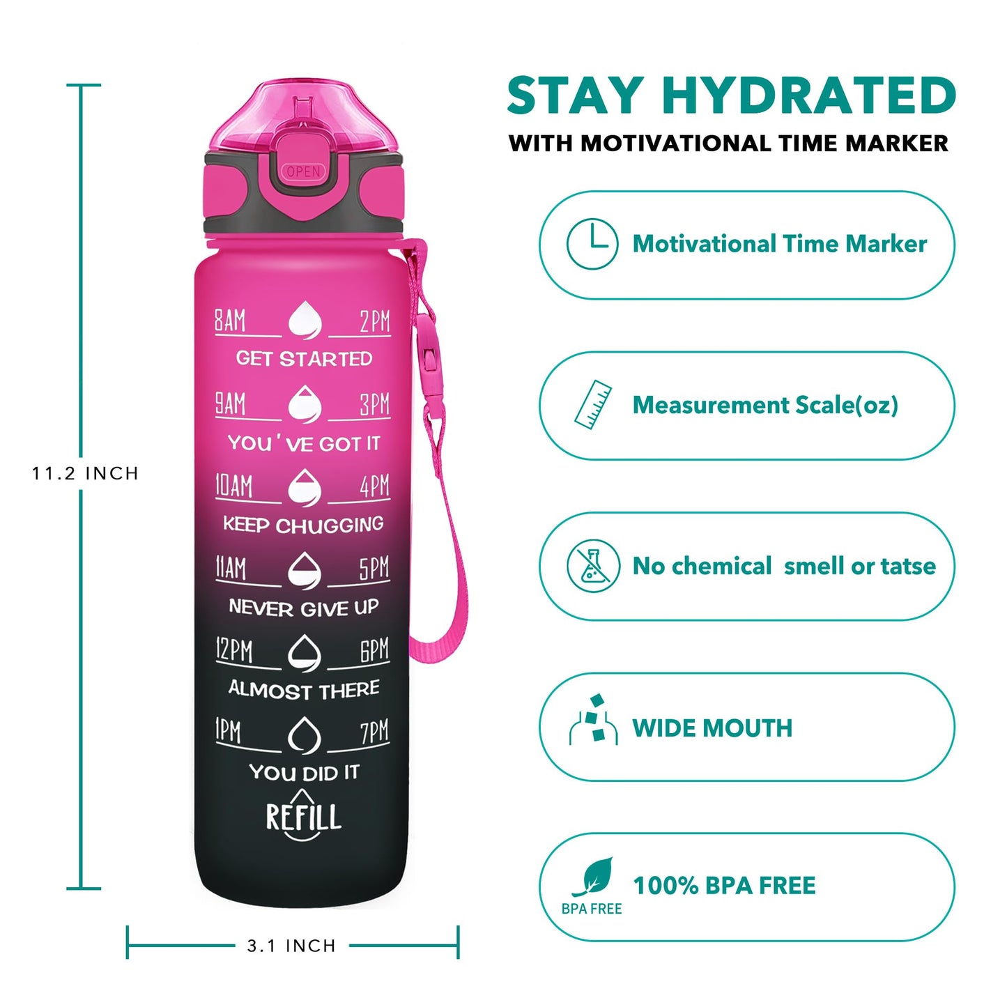 Enerbone 32 oz Drinking Water Bottle with Times to Drink and Straw, Motivational with Carrying Strap, Leakproof BPA & Toxic Free, Ensure You Drink Enough Water for Fitness Gym Outdoor