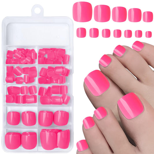 LuckForever Short Press on Toenails 240pc Glossy Hot Pink Press on Toenails Short Square Fake Toe nails Full Cover 10 Nail Adhesive Tabs,Small Wooden Sticks & Nail Files False Toenails for Women