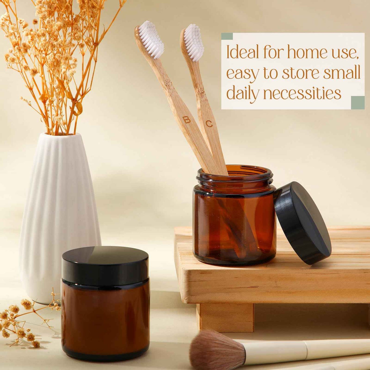 Patelai 4 oz Glass Jars with Lids, 4 Pack Amber Cosmetic Jars with Black Lids Leakproof and Dishwasher Safe for Travel Storage Makeup, Cream,Lotion,Ointments