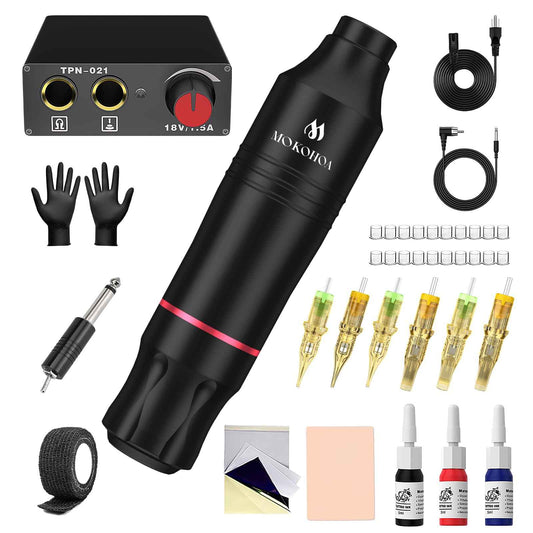Mokohoa Tattoo Set for Beginners machine Gun Kit, Rotary Powerful Motor,Complete另一Professional Cartridge Needles Stencil Transfer Paper,Proctice Skin and Transfer Paper, Starter Tattoo Ink (Black)