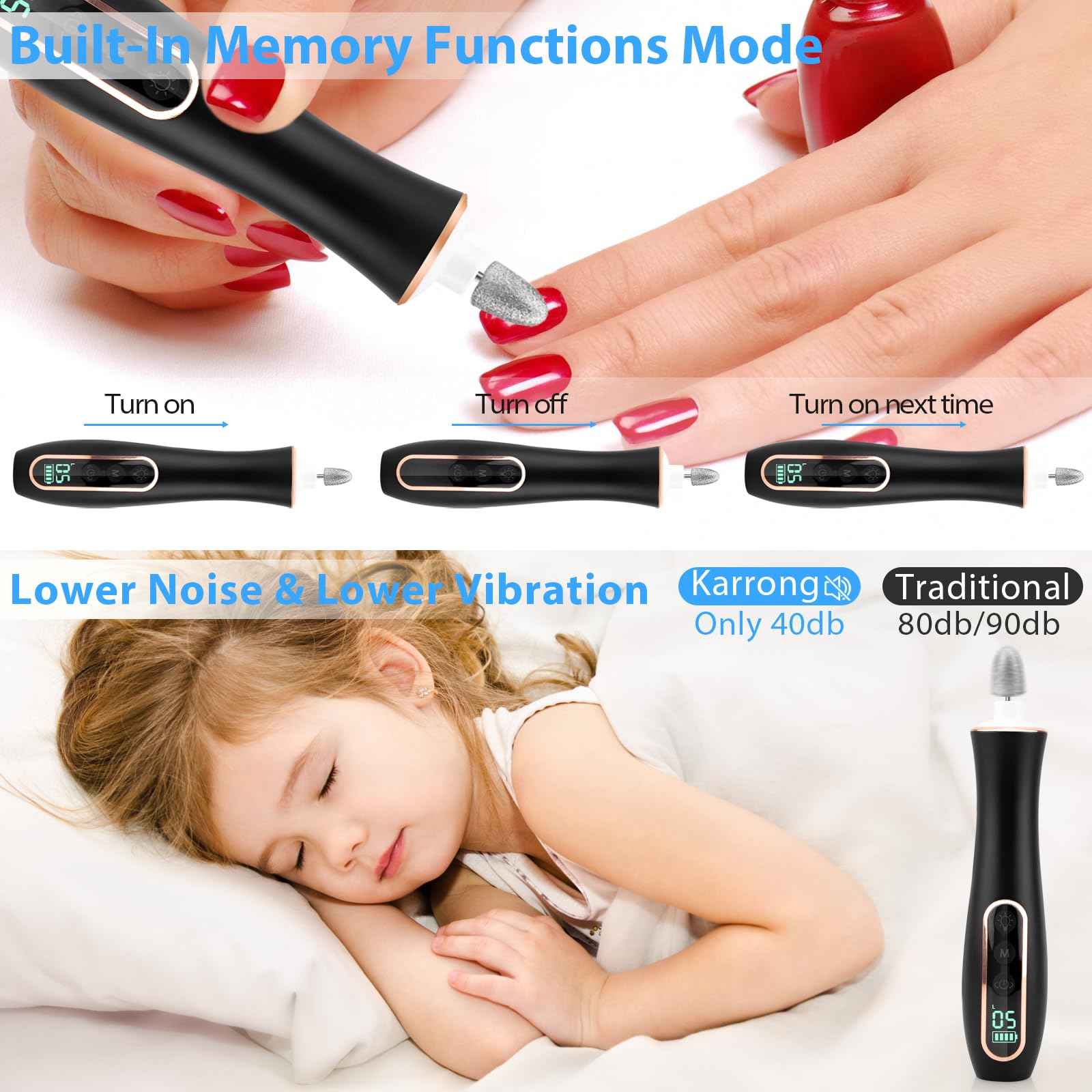 Professional Manicure Pedicure Kit, Cordless Electric Nail File Set, 360° LED Light Nail Drill Machine with LCD Display, 10 Speeds Rechargeable Nail Drill for Gel Nail Thick Toe Nails Christmas Gifts