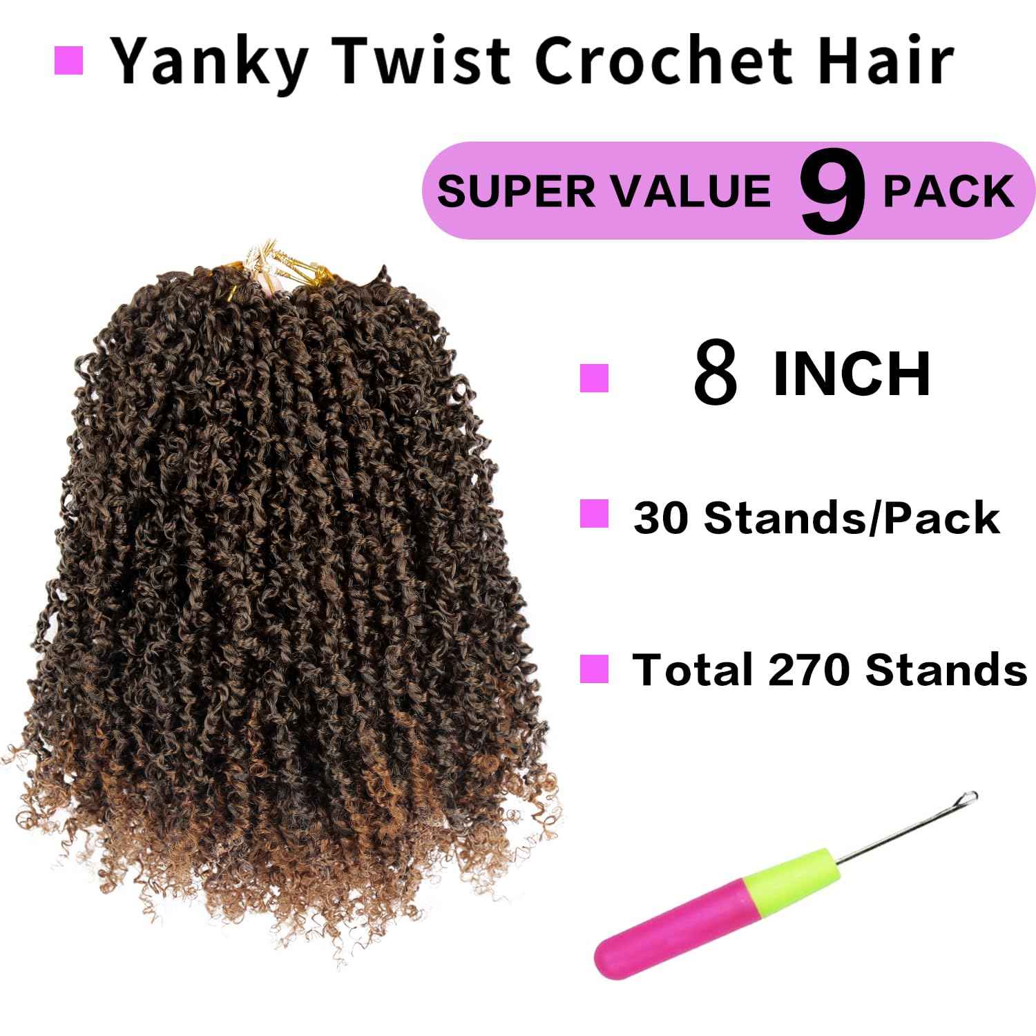 Yanky Twist Crochet Hair 9 Packs (270 Strands Total) Pre loop Pre Twisted Yanky Twist Braids Crochet Hair,Synthetic Spring Short Passion Twist Crochet Braiding Hair Extensions For Women(1B30, 8 Inch)