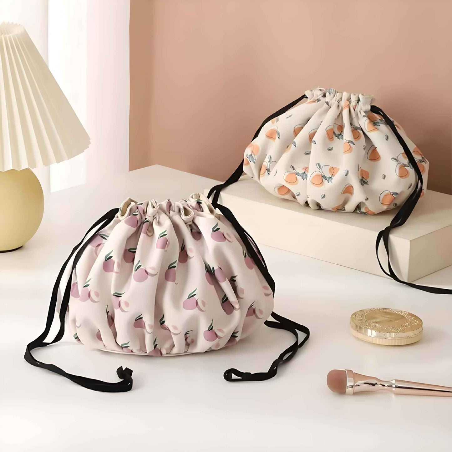 Large Capacity Drawstring Makeup Bag - Lightweight Oxford Fabric Cosmetic Organizer with Fruit Print, Travel Toiletry Pouch for Women & Beauty Lovers (Portable, Effortless Storage)(Peach powder)