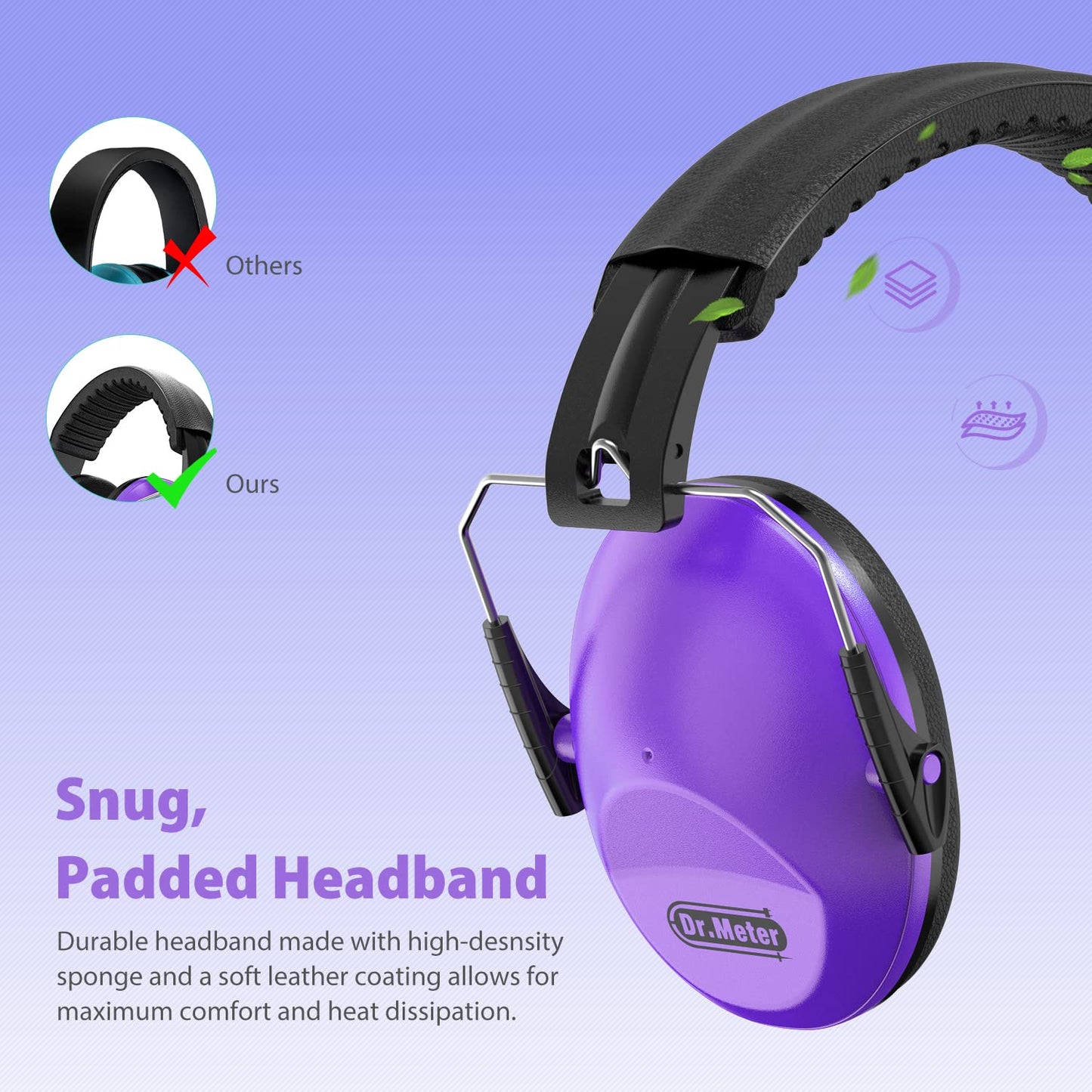 Dr.meter Ear Muffs for Noise Reduction: EM100 SNR27.4 Kids Ear Protection with Adjustable Headband - Kids Noise Cancelling Headphones for Concerts, Football Game, Fireworks and Air Shows - Purple