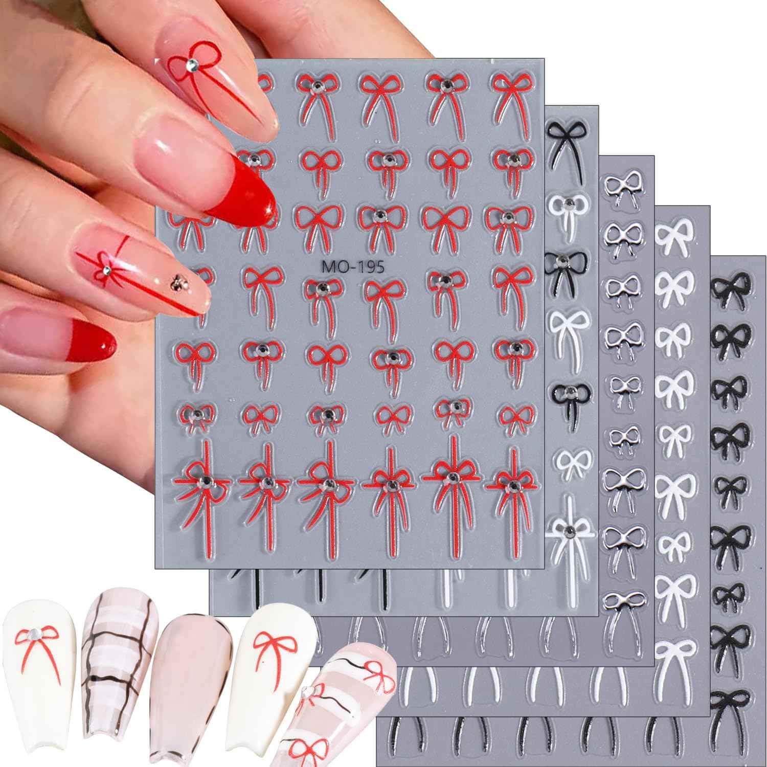 Tyuimhx 5 Sheets Bow Nail Art Stickers Decals 5D Embossed Self-Adhesive Bow Nail Stickers with Rhinestones Designs Silver Red White Black Nail Decals Supplies for Women DIY Manicure Decorations