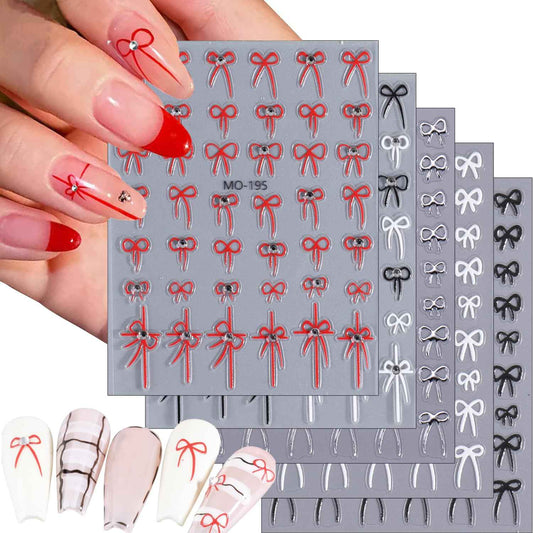 Tyuimhx 5 Sheets Bow Nail Art Stickers Decals 5D Embossed Self-Adhesive Bow Nail Stickers with Rhinestones Designs Silver Red White Black Nail Decals Supplies for Women DIY Manicure Decorations