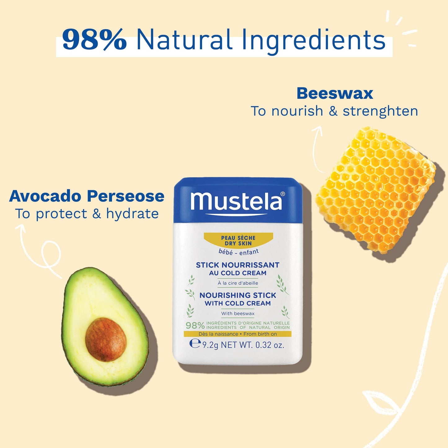 Mustela Baby Nourishing Stick - Lip & Face Moisturizer for Dry Skin - with Natural Avocado, Cold Cream & Beeswax - 0.32 oz. (Pack of 1)