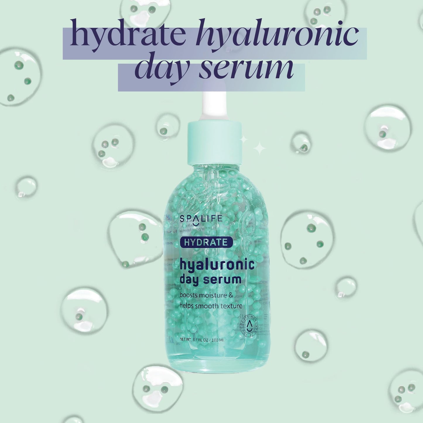 Spa Life Face Serum: HYDRATE Hyaluronic Acid Serum 100 ml (3.7 oz) - Smoothing & Hydrating - Targets Dryness, Fine Lines, & Wrinkles, Helps Plump Skin, Dissolving Pearl Capsules for Instant Luminosity