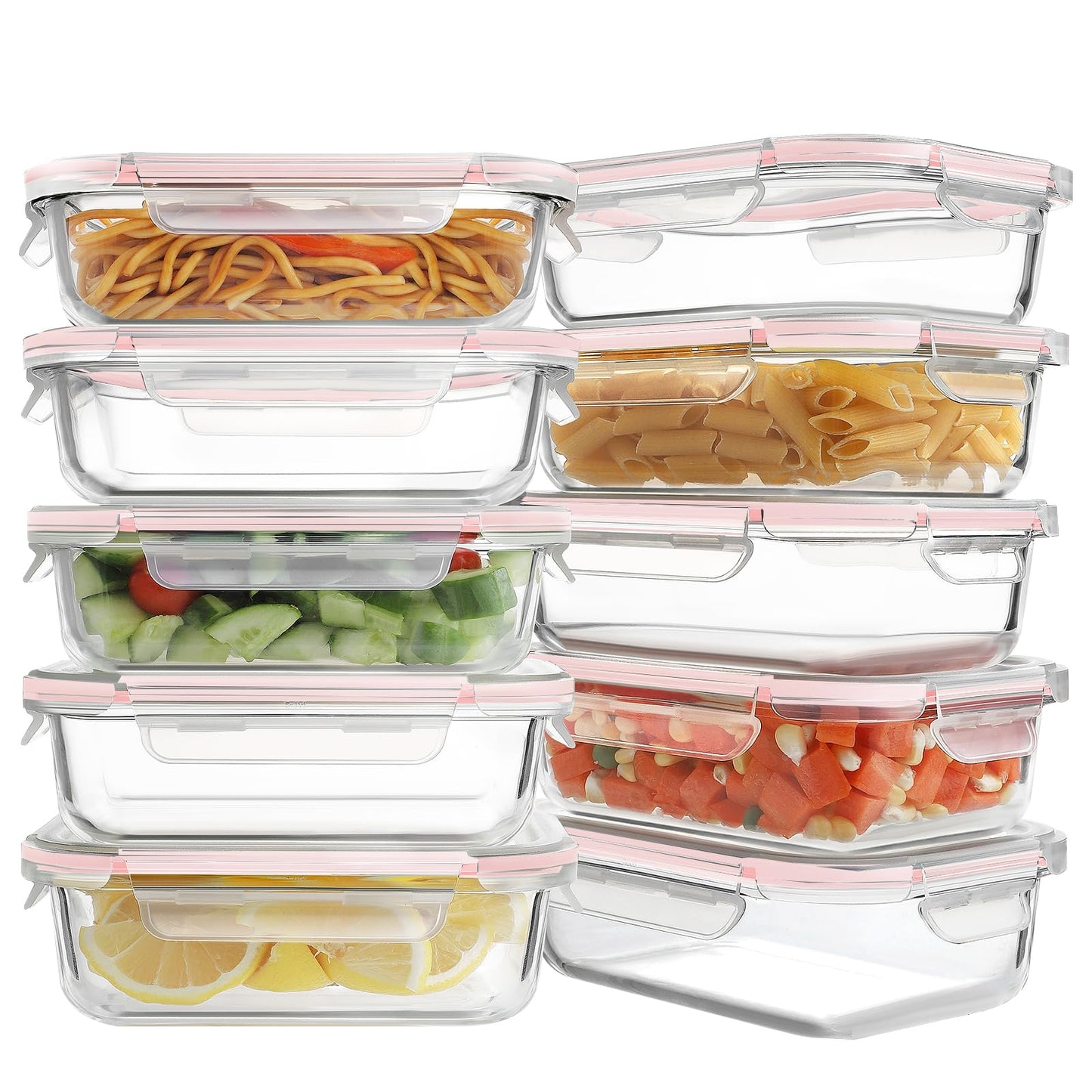 HOMBERKING 10 Pack Glass Meal Prep Containers, Glass Food Storage Containers with Lids, Airtight Glass Lunch Bento Boxes, BPA-Free & Leak Proof (10 lids & 10 Containers) - Pink