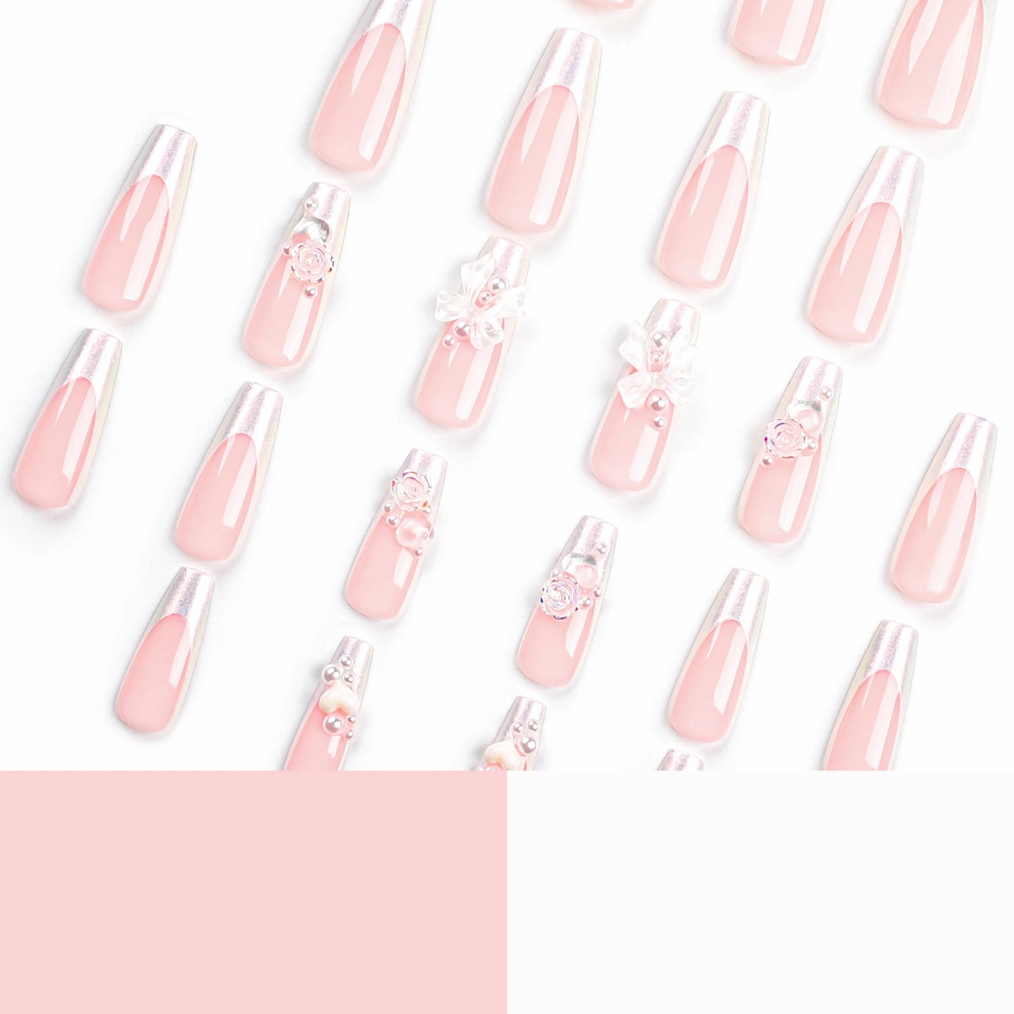 BABALAL French Tip Press on Nails Long Coffin Fake Nails White Chrome Glue on Nails 3d Bow Flower Pearl Charm Design Acrylic Nails 24Pcs Ballerina Manicure Spring False Nails for Women and Girls