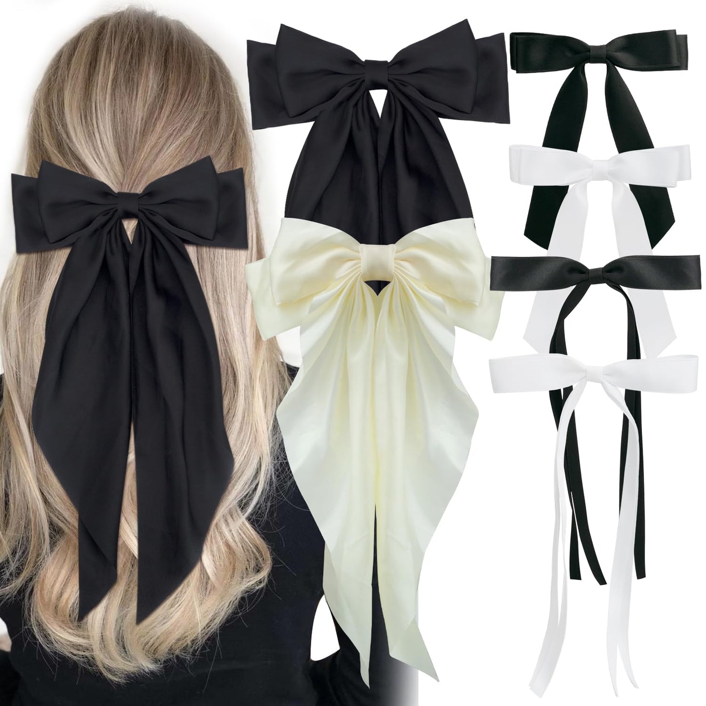 Deoot 6 PCS Hair Bows Cute Hair Clips for Women Girls Tassel Ribbon Bowknot Hair Clips, Black and White, Hair Accessories for Women Girls