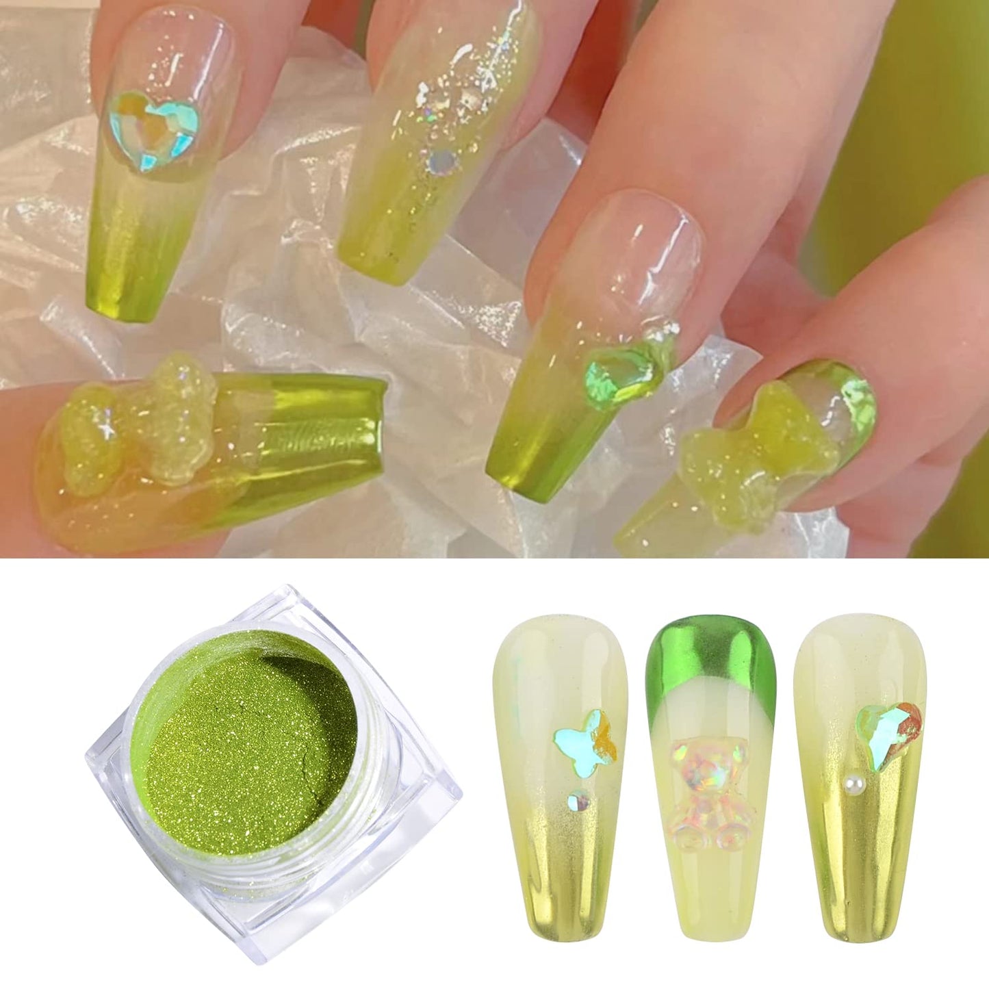 Green Chrome Nail Powder, 2 Jars Nail Art Magic Mirror Powder Chrome Pigment Powder Green Apple Raisins Chrome Nail Powder Manicure Tips with Sponge Applicators