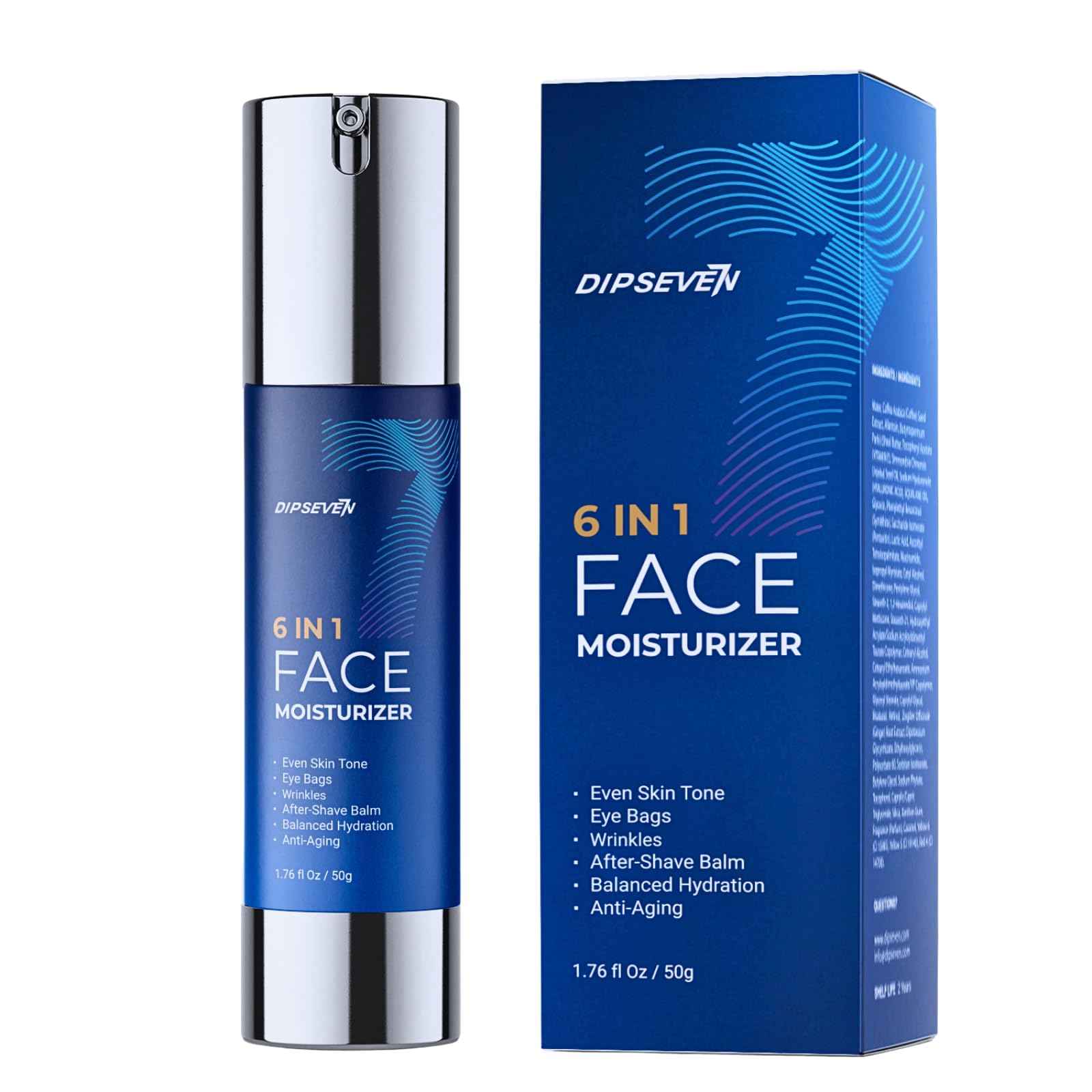 DIPSEVEN 6 in 1 Face Cream for Men: Anti-Aging Mens Moisturizer - Firming Peptide & Hyaluronic Acid & Squalane - Wrinkles Cream Eye Bag Treatment for Men