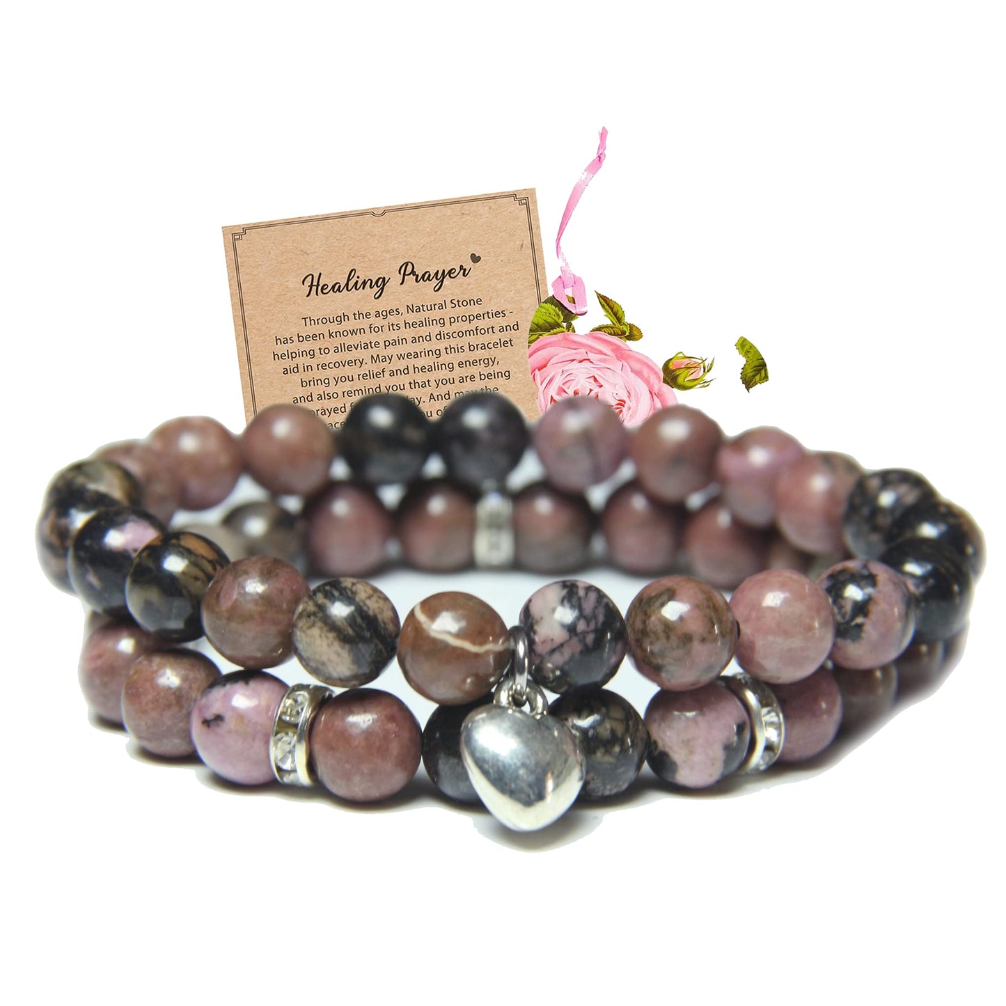 Healing Bracelets for Women - Rhodonite Bracelet - Healing Prayers Crystal Bracelet, 8mm Natural Stone Anti Anxiety Stress Relief Yoga Beads Get Well Soon Gifts