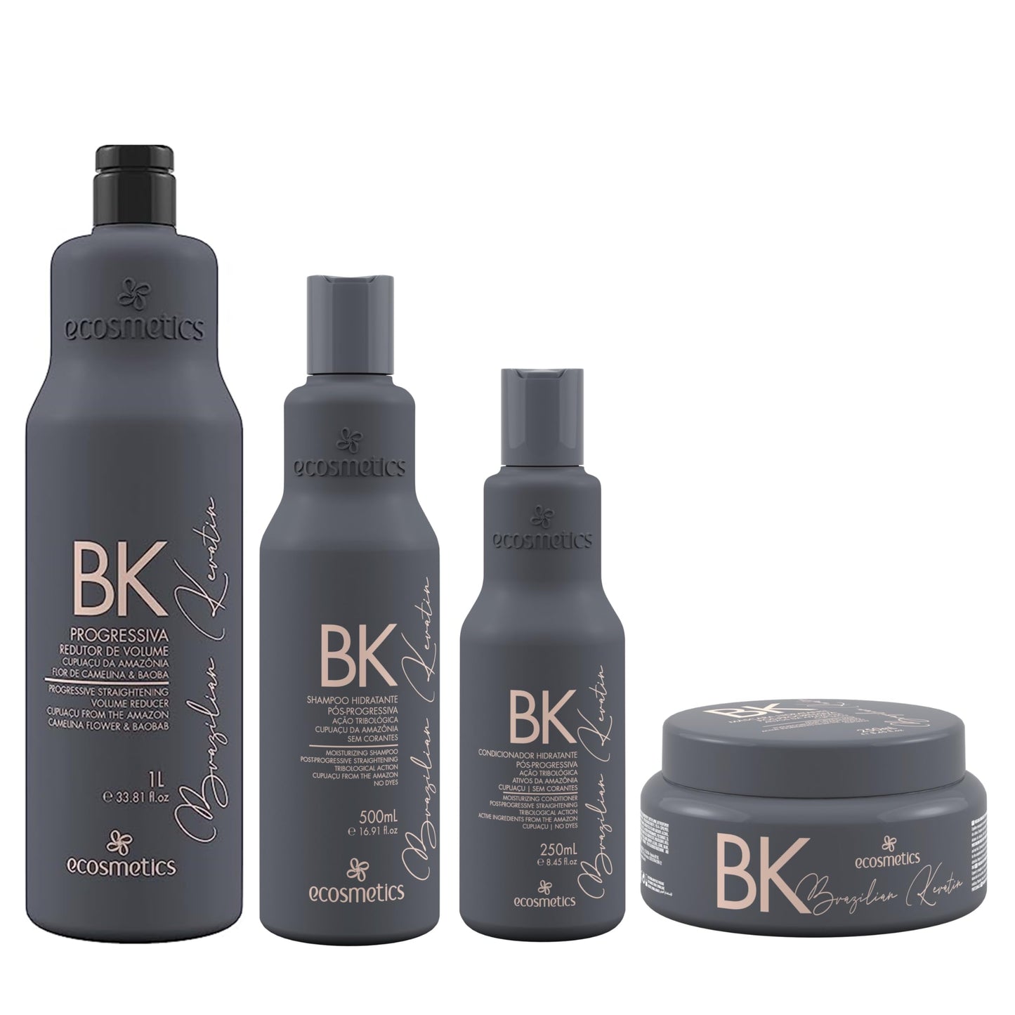 Kit Brazilian Keratin Treatment Ecosmetics BK | Progressive Brush | Straightening & Smoothing System | Volume Reducer. 1000ml/500ml/250ml/250ml