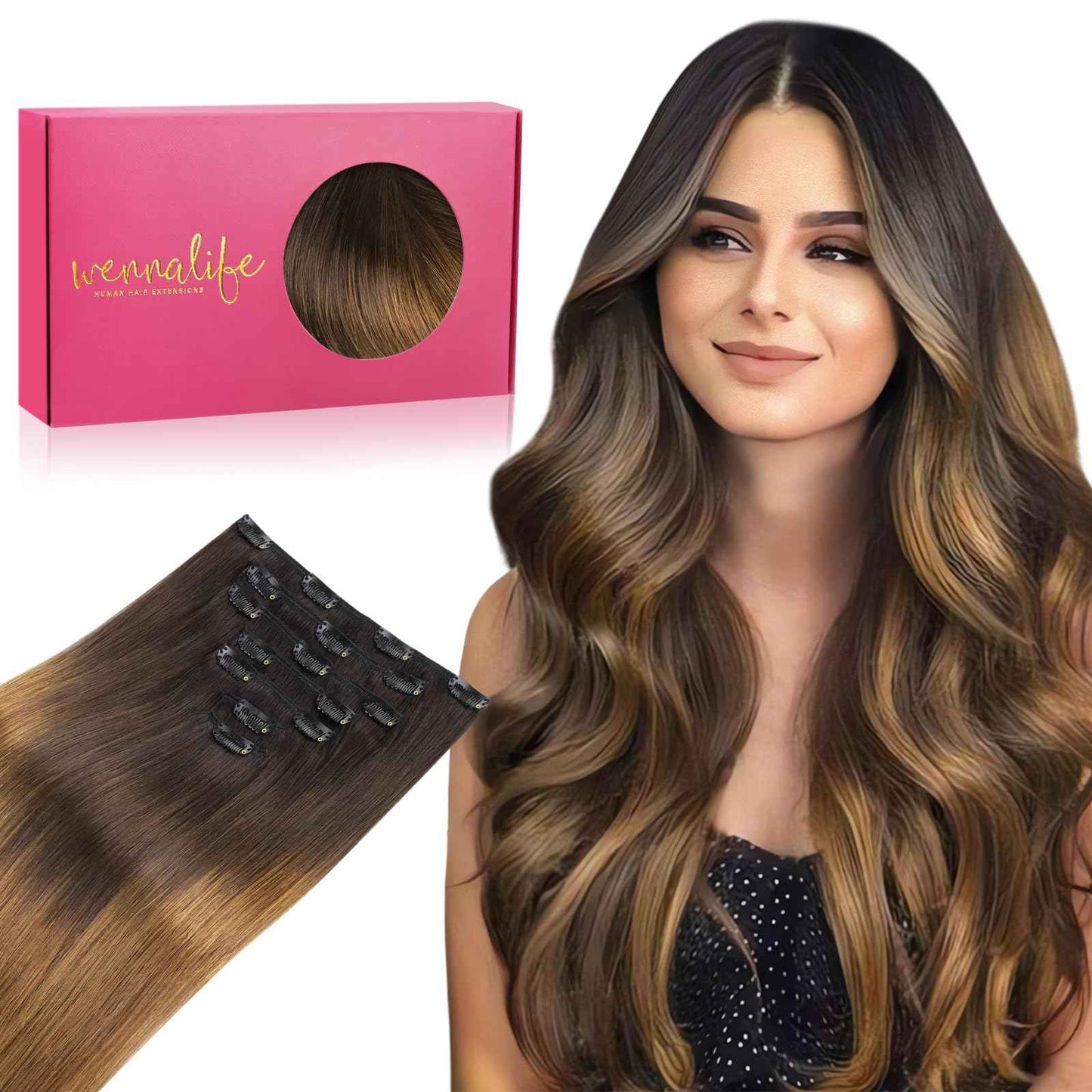 WENNALIFE Clip in Hair Extensions Real Human Hair, 12 Inch 80g 7pcs Remy Hair, Ombre Dark Brown to Light Chestnut Brown Straight Natural Extensiones De Cabello Humano Con Clip Ins