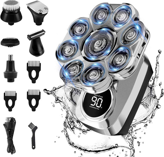 9D Head Shavers for Bald Men: Upgraded 6 in 1 Detachable Bald Head Shavers with LED Display - Wet/Dry Electric Razor for Men - Travel Lock Electric Shaver Grooming Kit with Type-C Charge