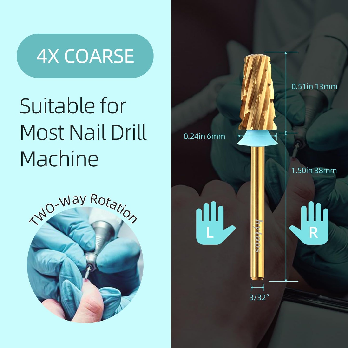 HYTOOS 4XC Safety Tapered Nail Drill Bits,Titanium Coating Rounded Barrel Carbide Nail Bit, 3/32 Two-way Rotate, Electric Drills Accessories Hard Gel Acrylic Powder Remover Tool (4XC, titanium)