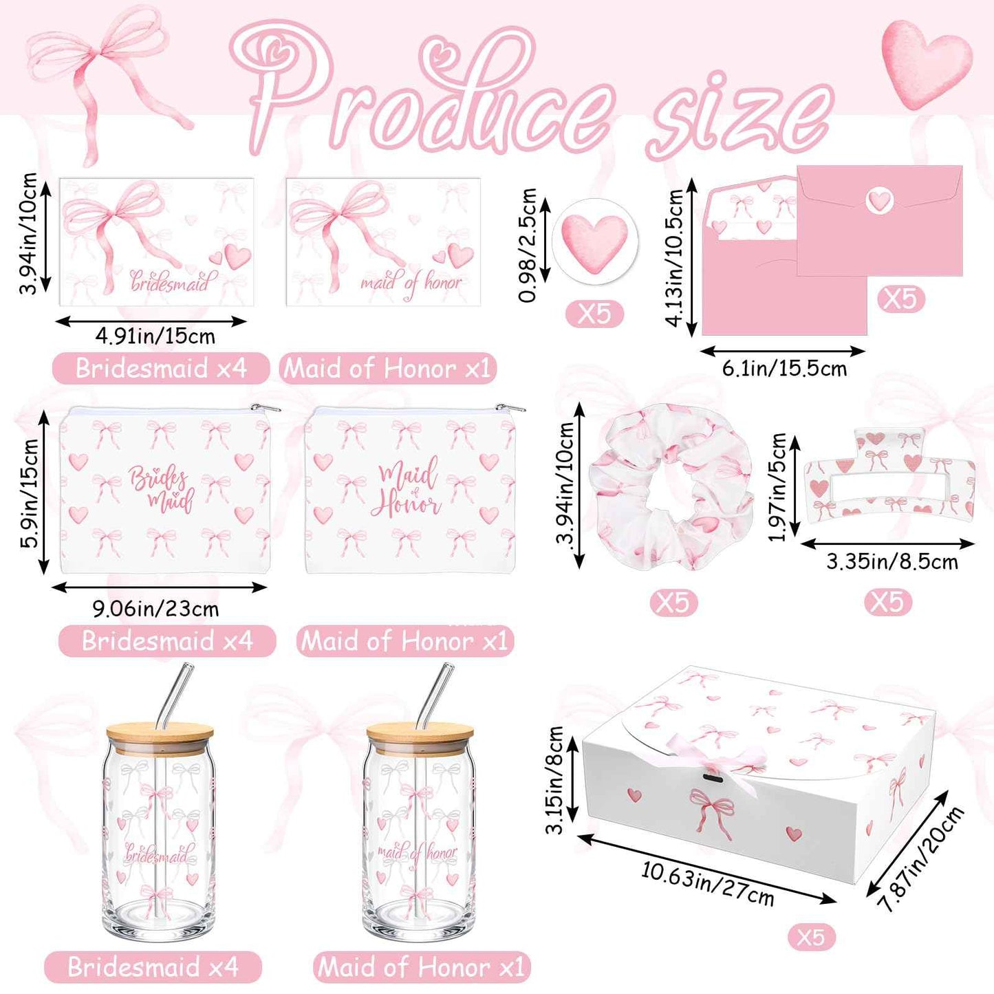 Meanplan 40 Pcs Bridesmaid Proposal Gift Box Set Bridal Shower Favor Wedding Bride Bachelorette Party Return Gift, Glass Cup Cosmetic Bag Scrunchies Hairpin Invited Card Envelope (Maid of Honor)