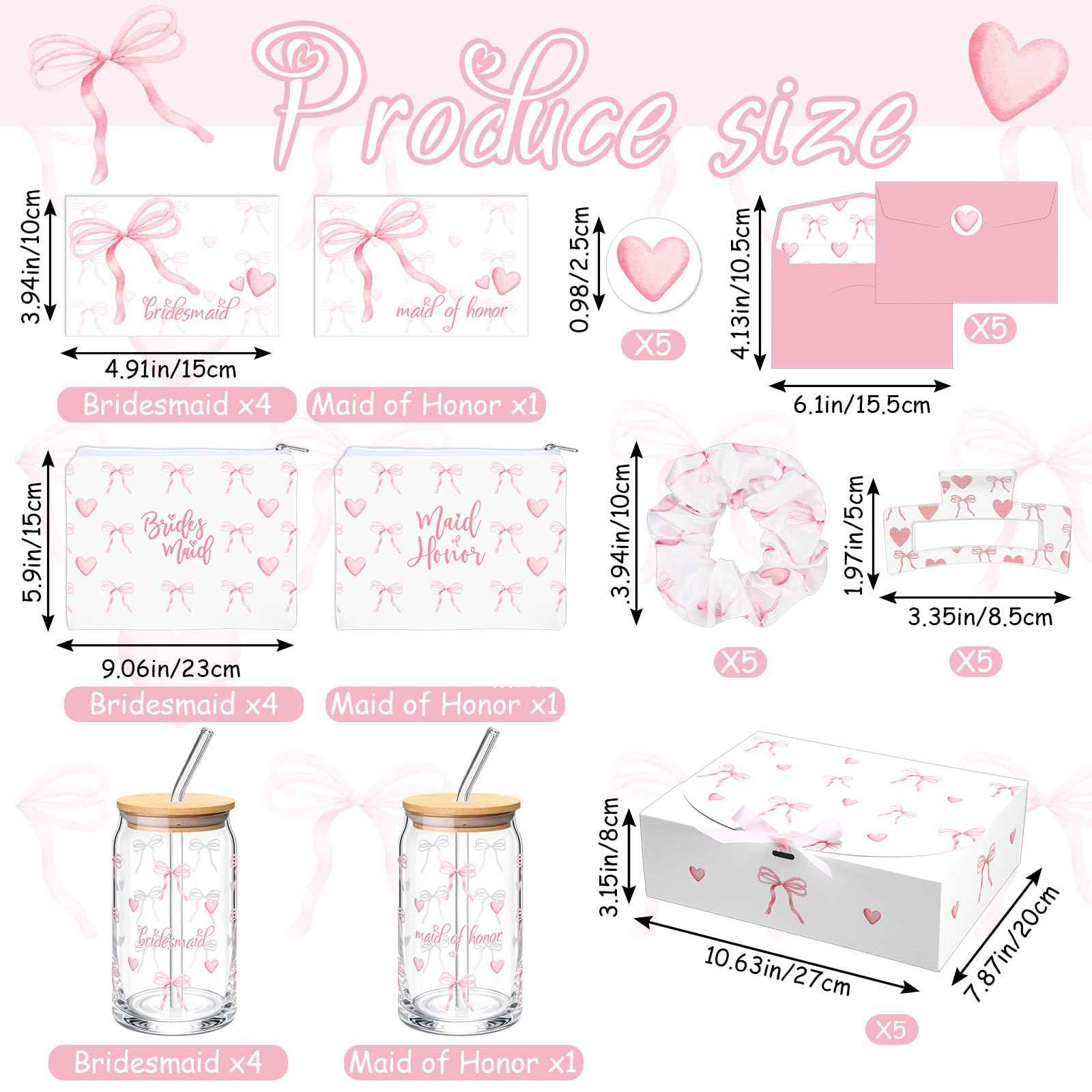 Meanplan 40 Pcs Bridesmaid Proposal Gift Box Set Bridal Shower Favor Wedding Bride Bachelorette Party Return Gift, Glass Cup Cosmetic Bag Scrunchies Hairpin Invited Card Envelope (Maid of Honor)