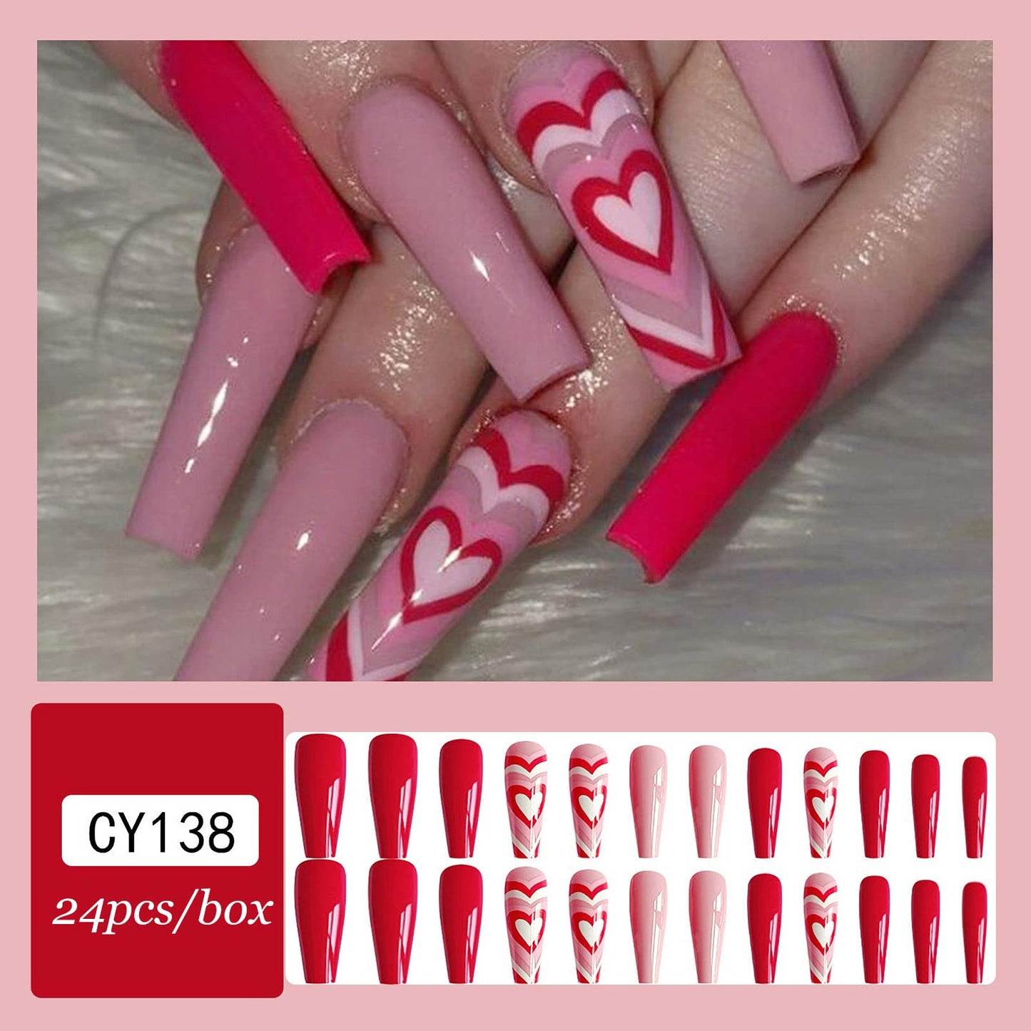 24 Pcs Valentine?™s Day Press on Nails Long Fake Nails Coffin Shaped Glue on Nails Glossy Heart Design False Nails Red Pink Valentines Heart Acrylic Nails for Women and Girls