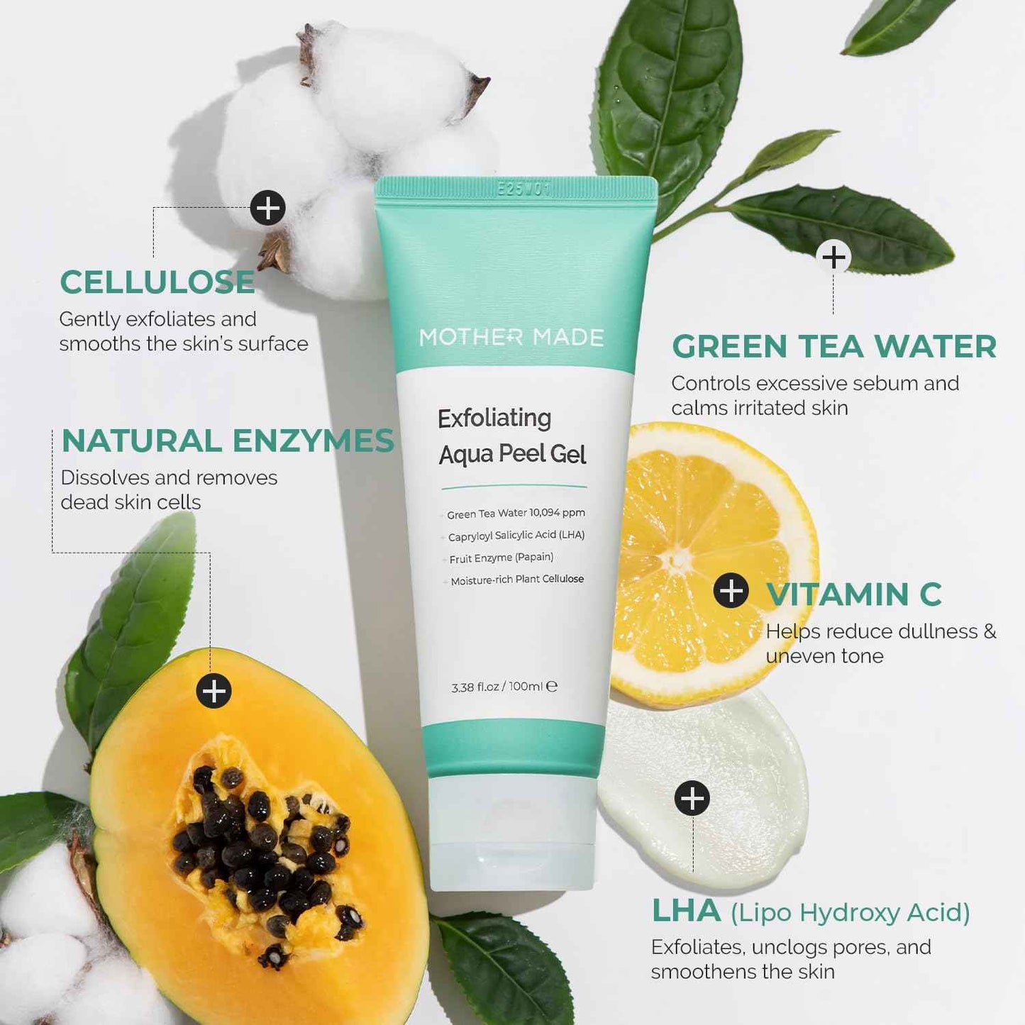MOTHER MADE LHA Green Tea Exfoliating Aqua Peel Gel, Deep Pore Face Exfoliant, Gentle Facial Exfoliator, Dead Skin Remover, Natural Cellulose for Peeling, Vegan, Korean Skincare (100ml / 3.38 fl.oz)