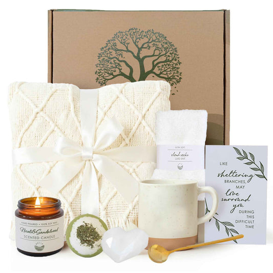 Sympathy Gift Baskets for Women – 8 Thoughtful & Cozy Items (Blanket and Candle Gift Set with Mug, Socks & More) – Sympathy Gifts for Loss of Loved One, Get Well, or Self Care Gifts for Women