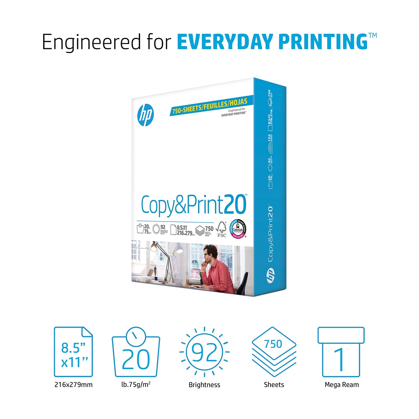 HP Printer Paper | 8.5 x 11 Paper | Copy &Print 20 Lb | 1 Bulk Pack - 750 Sheets | 92 Bright | Made in USA - FSC Certified | 200030R