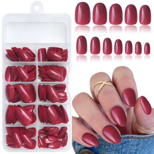 Lifextol Short Press on Nails Almond Fake Nails, 240 Round Almond Press on Nail Short Full Cover Red Wine Acrylic Presson Nail Tips Artificial False Fingernail Nail Glue Adhesive Tabs for Women Kids