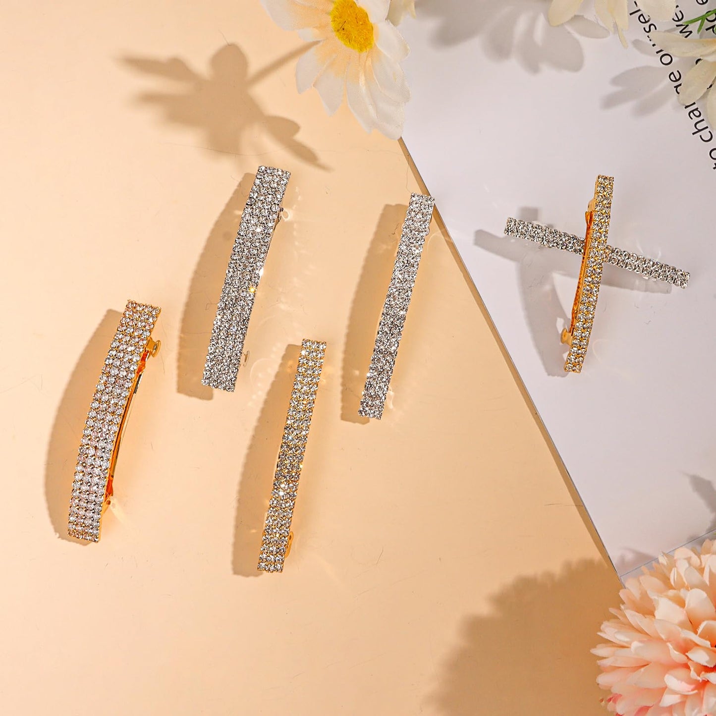 Crystal Rhinestone Hair Barrettes for Women: French Clips, Gold and Silver Metal Bling Hair Clasps, Sparkly Hair Accessories