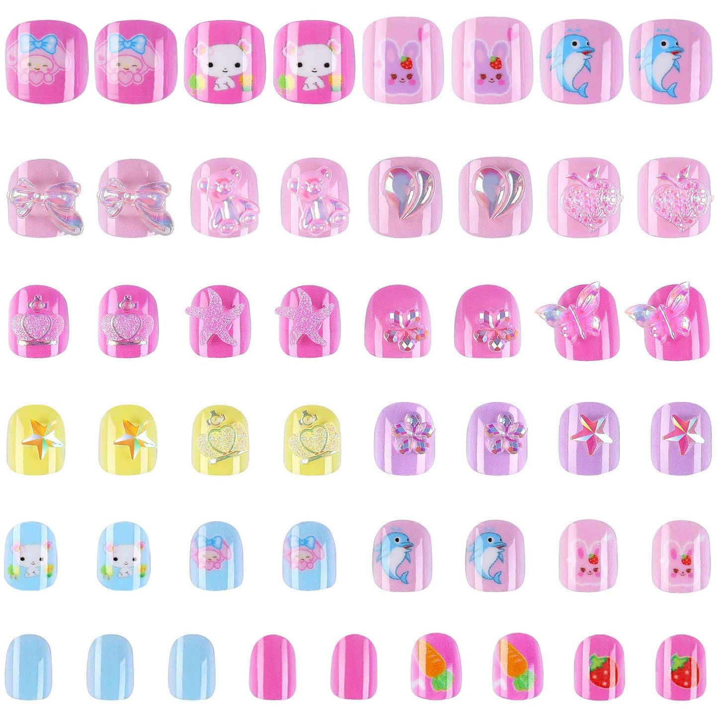 JANYUN 48Pcs Kids Fake Nails, Stick on Nails for Full Cover Short Acrylic Lovely Girls False Nails for Children Nail Art Decoration (3D)