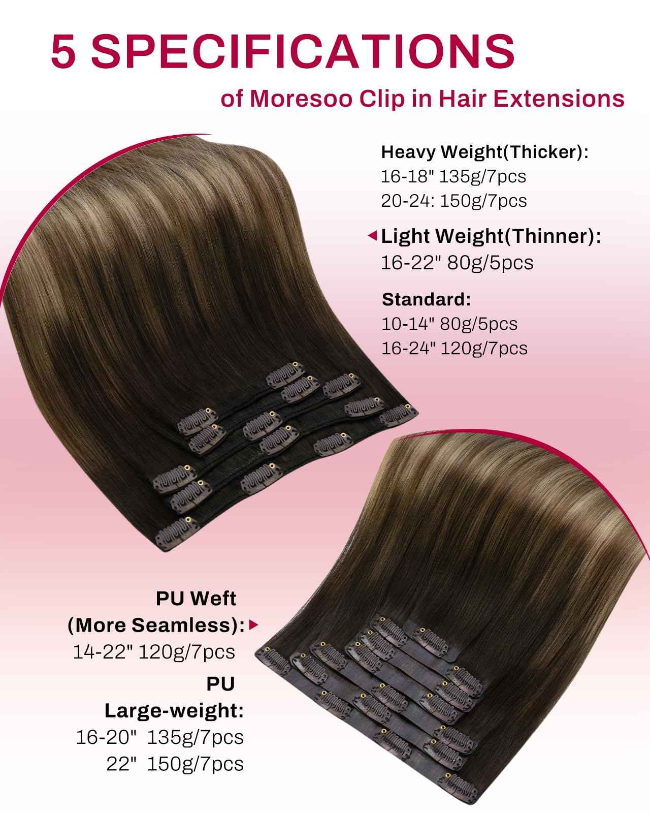 Moresoo Clip in Hair Extensions Ombre Dark Brown to Dark Ash Blonde with Blonde Balayage Hair Extensions Clip in Human Hair Double Weft 5pcs/80g 16inch