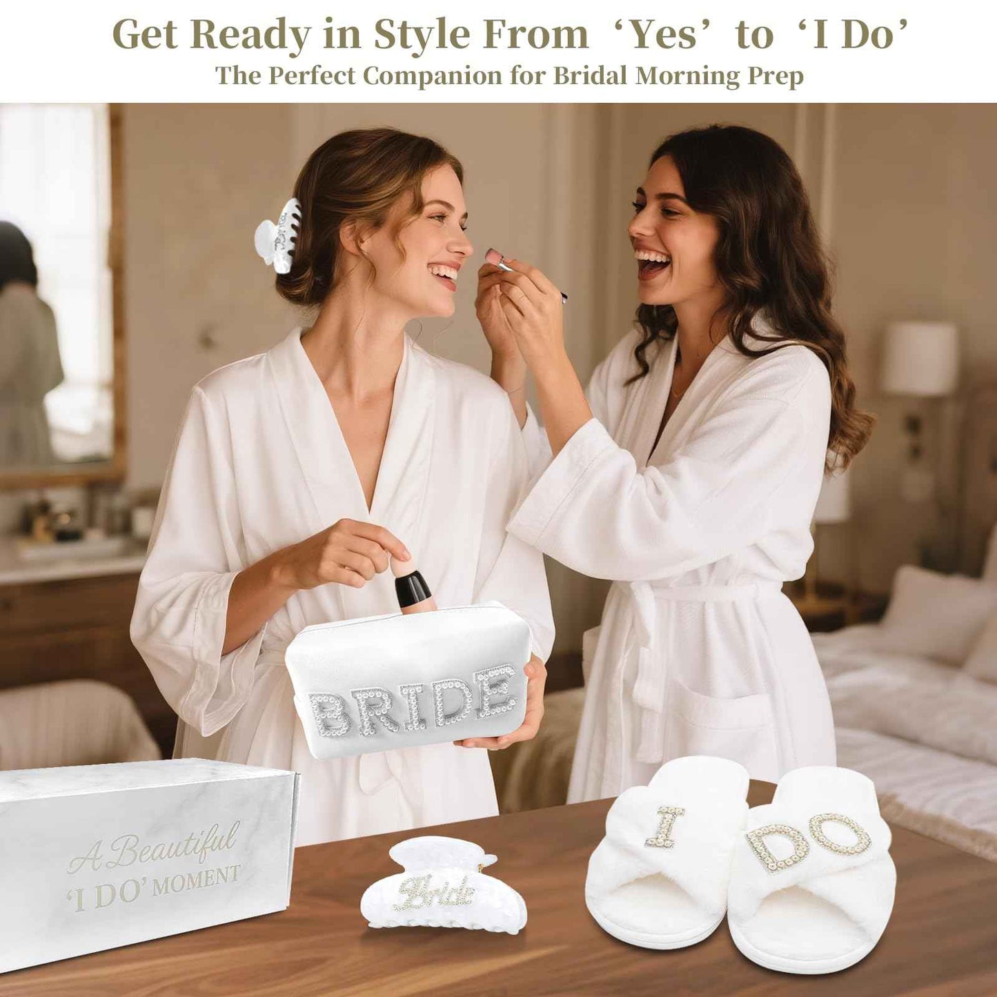 Zeokiar Bridal Shower Gifts, Bride To Be Gift Set, Wedding Gifts for Bride, Bachelorette Gifts for Bride, Engagement Gift for Her, Bachelor Party Christmas Gifts, Makeup Bag, I DO Slippers, Hair Clip