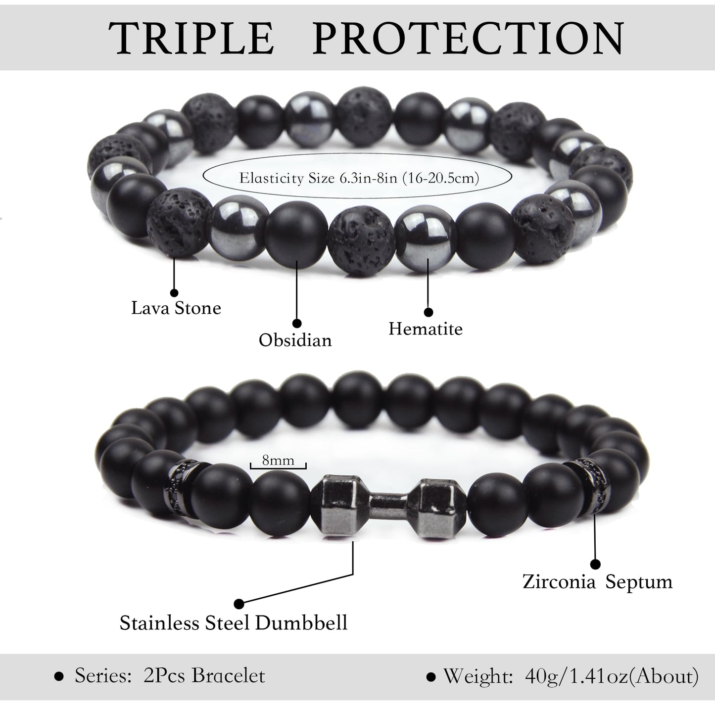 Black Obsidian Bracelet - Dumbbell Bracelet - Tourmaline Beaded Bracelets, 8MM Black Onyx Hematite Lava Stone Beads Triple Protection Bracelet for Men Women Gifts