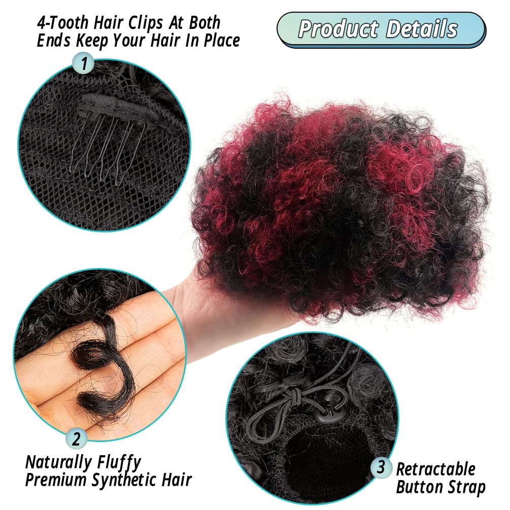 ISWEET Afro Puff Drawstring Ponytail, Curly Afro Bun Extensions Synthetic Ombre Red Hair, Short Afro Hairpieces Updo hair for Black Women (#T1B99J)