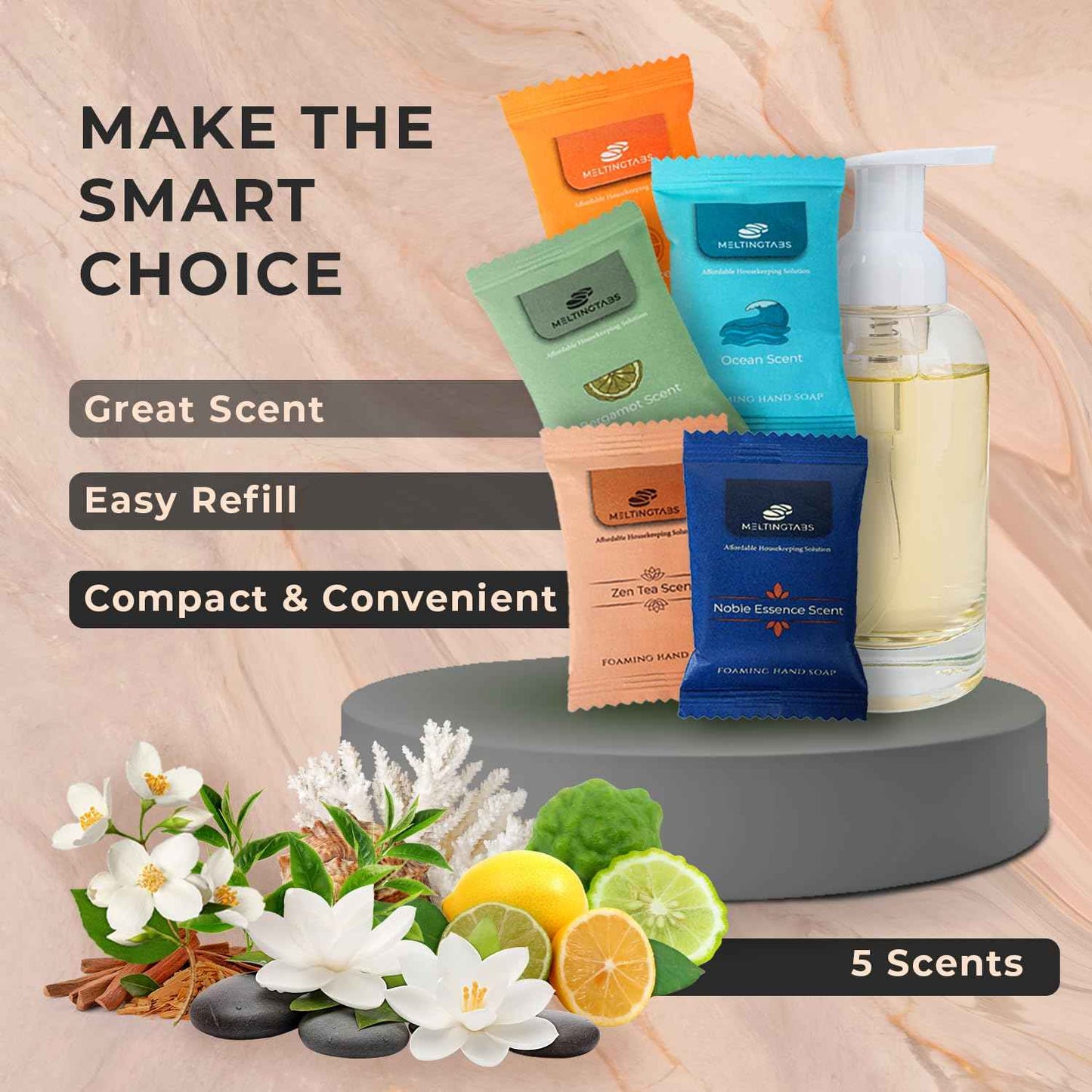 MELTINGTABS Assorted Foaming Hand Soap Tablets – 20 Tablets in 5 Scents (Citrus, Bergamot, Ocean, Noble Essence, Zen Tea) – Individually Packed, Concentrated Soap Refill for Foam Dispensers