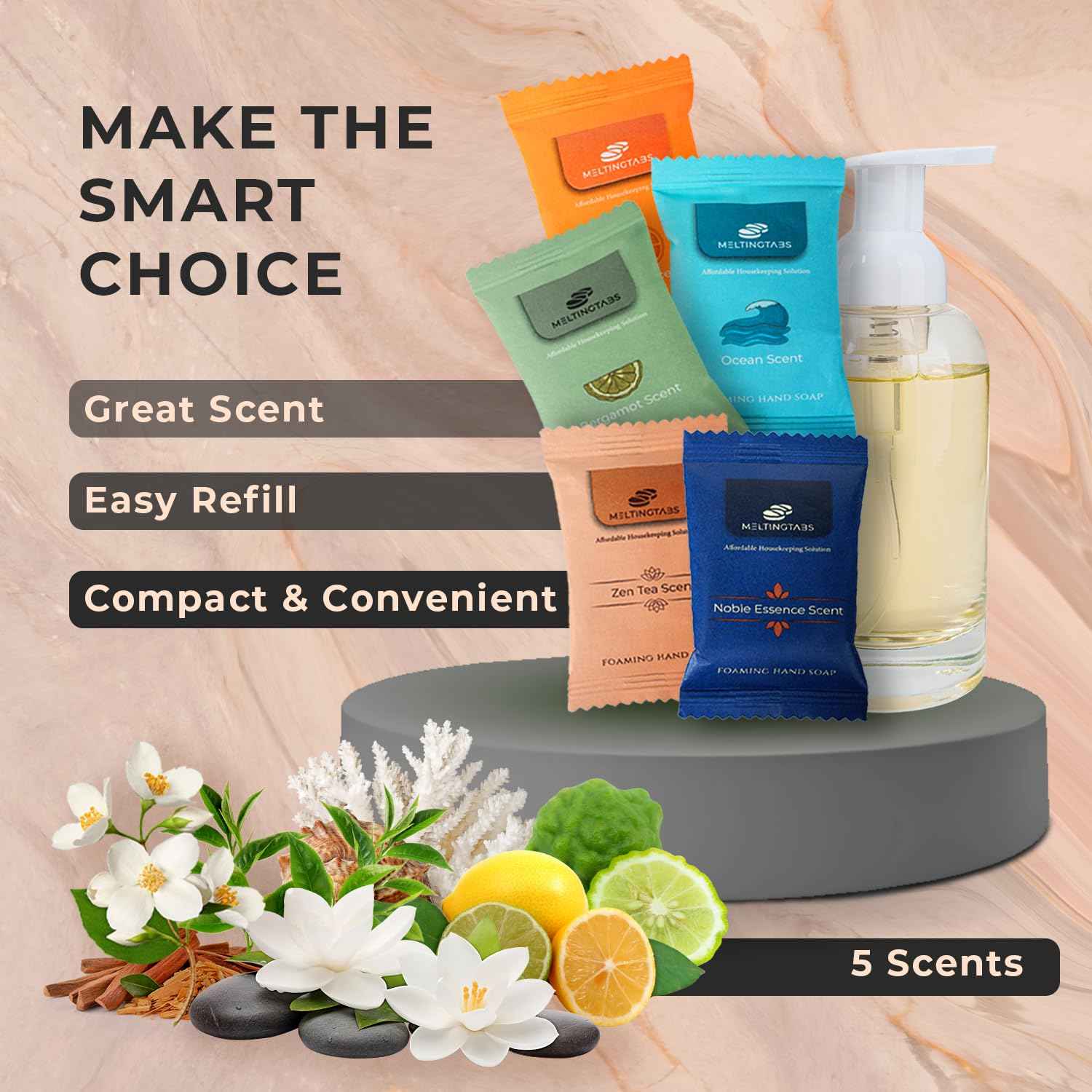 MELTINGTABS Assorted Foaming Hand Soap Tablets – 20 Tablets in 5 Scents (Citrus, Bergamot, Ocean, Noble Essence, Zen Tea) – Individually Packed, Concentrated Soap Refill for Foam Dispensers