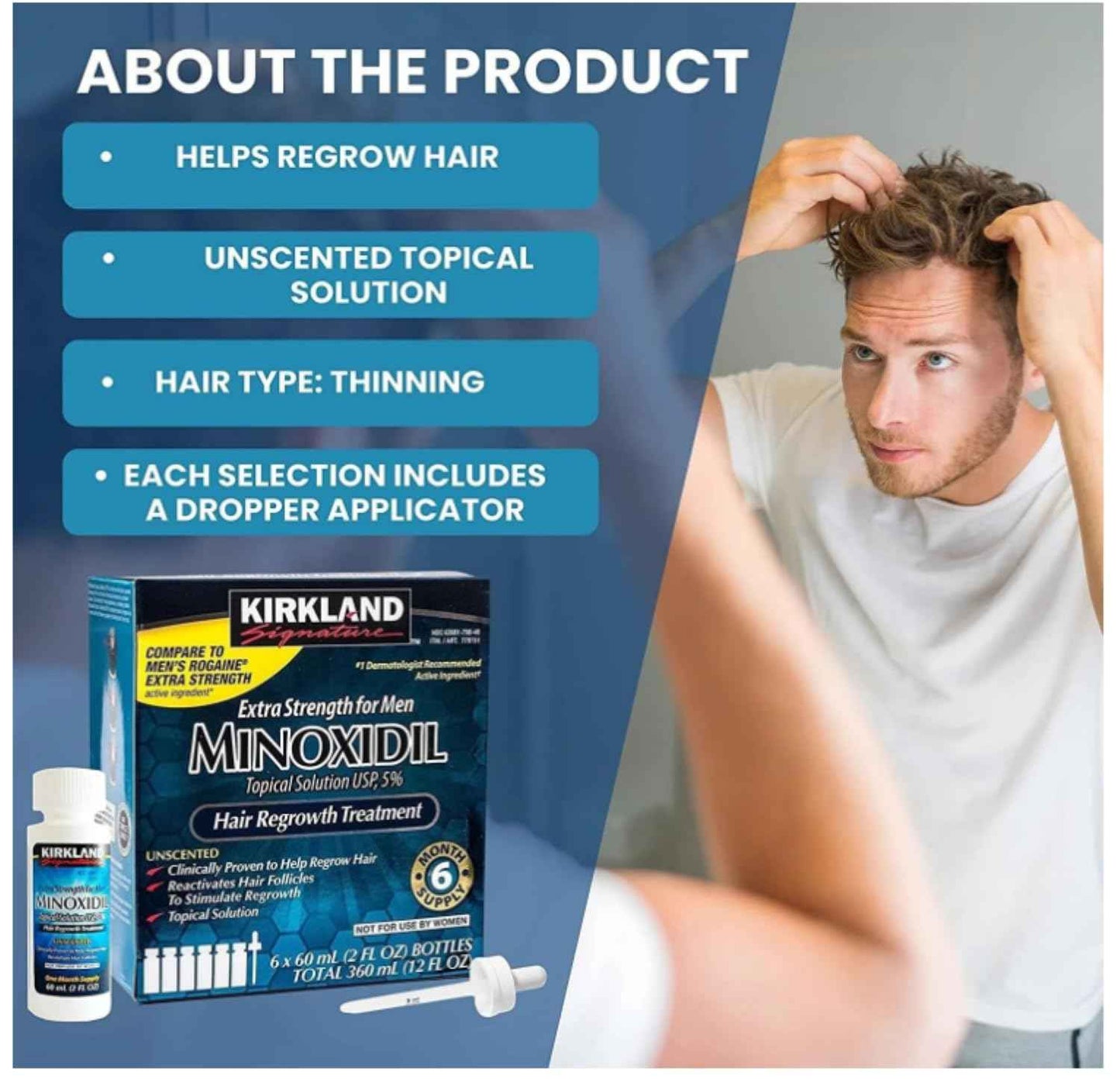 KIRKLAND SIGNATURE Minoxidil 5% Hair Regrowth Treatment for Men | 6 Months Supply | Topical Solution | Extra Strength | Clinically Proven | Unscented Drops | Dropper & Sprayer Included