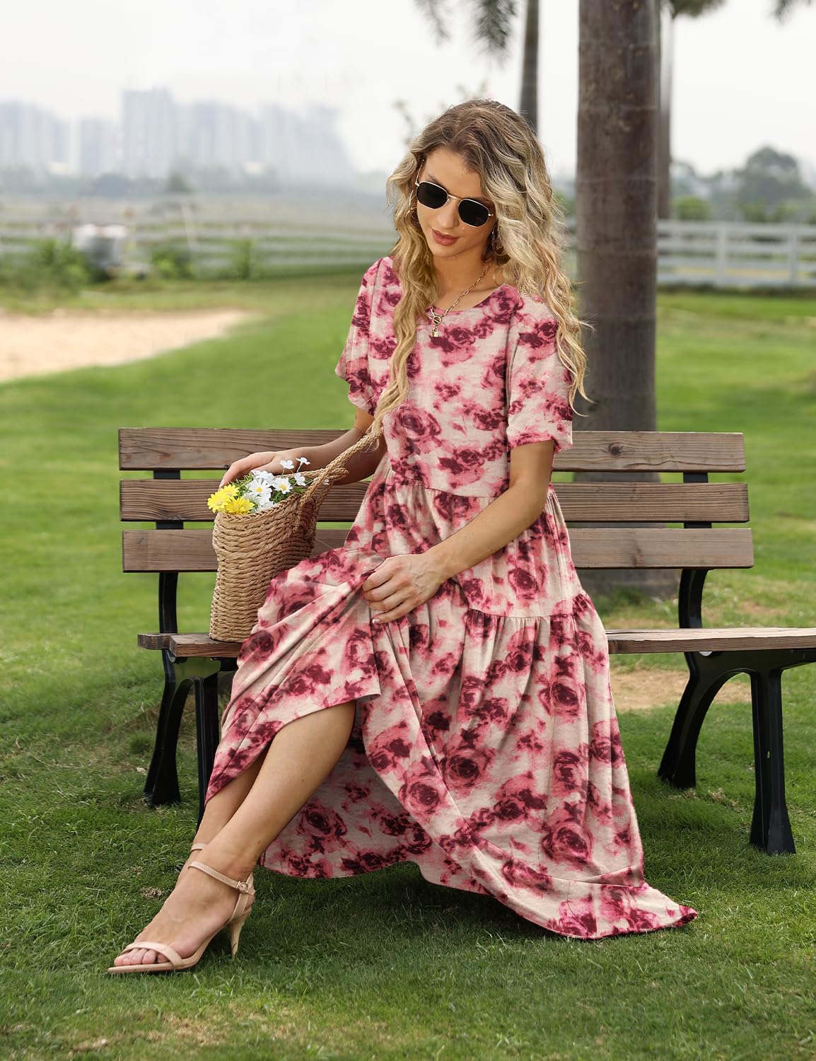 YESNO Women Casual Loose Bohemian Floral Dress with Pockets Short Sleeve Long Maxi Summer Beach Swing Dress S EJF CR406R