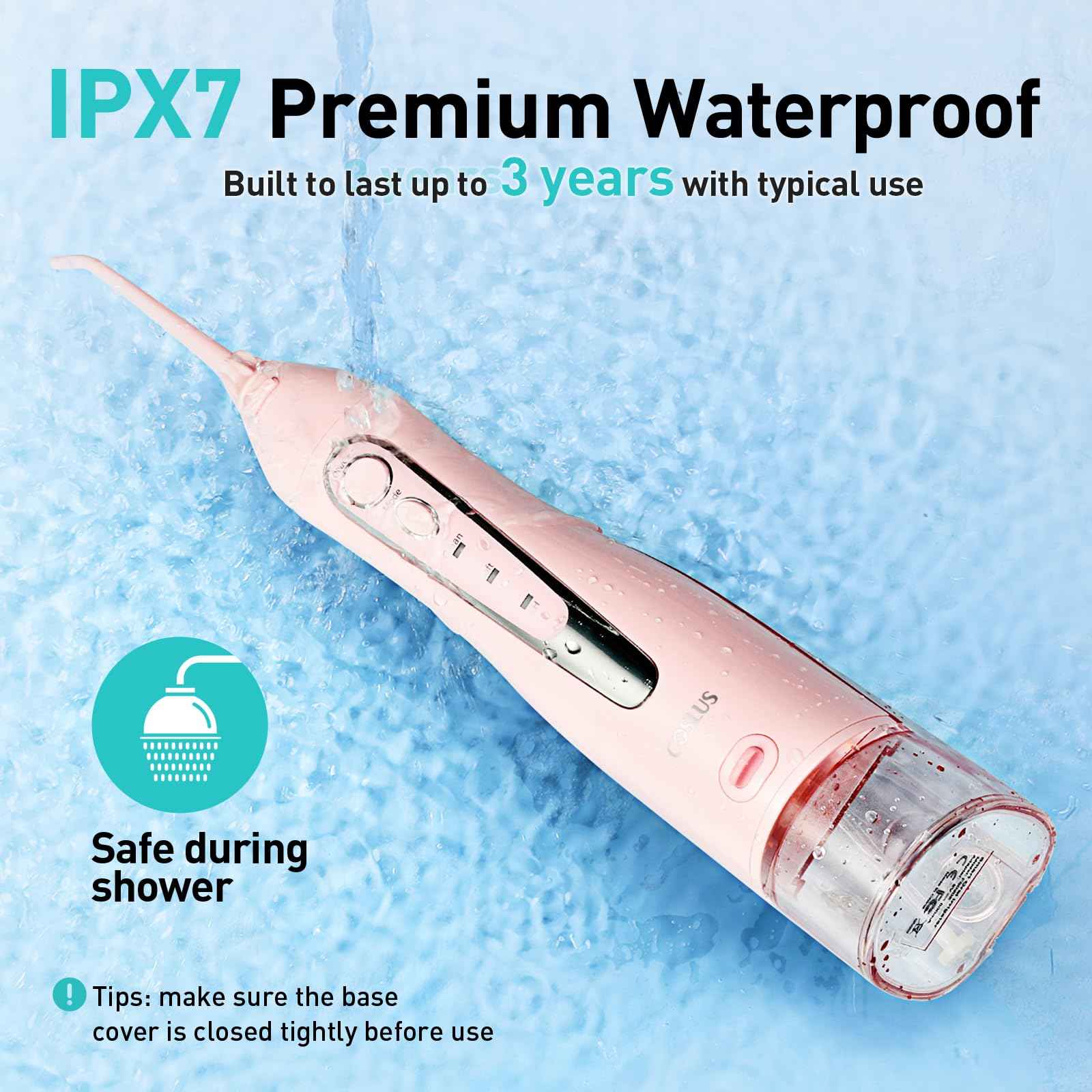 COSLUS Water Dental Flosser Teeth Pick: Portable Cordless Oral Irrigator 300ML Rechargeable Travel Irrigation Cleaner IPX7 Waterproof Electric Flossing Machine for Teeth Cleaning C20(F5020E) Pink