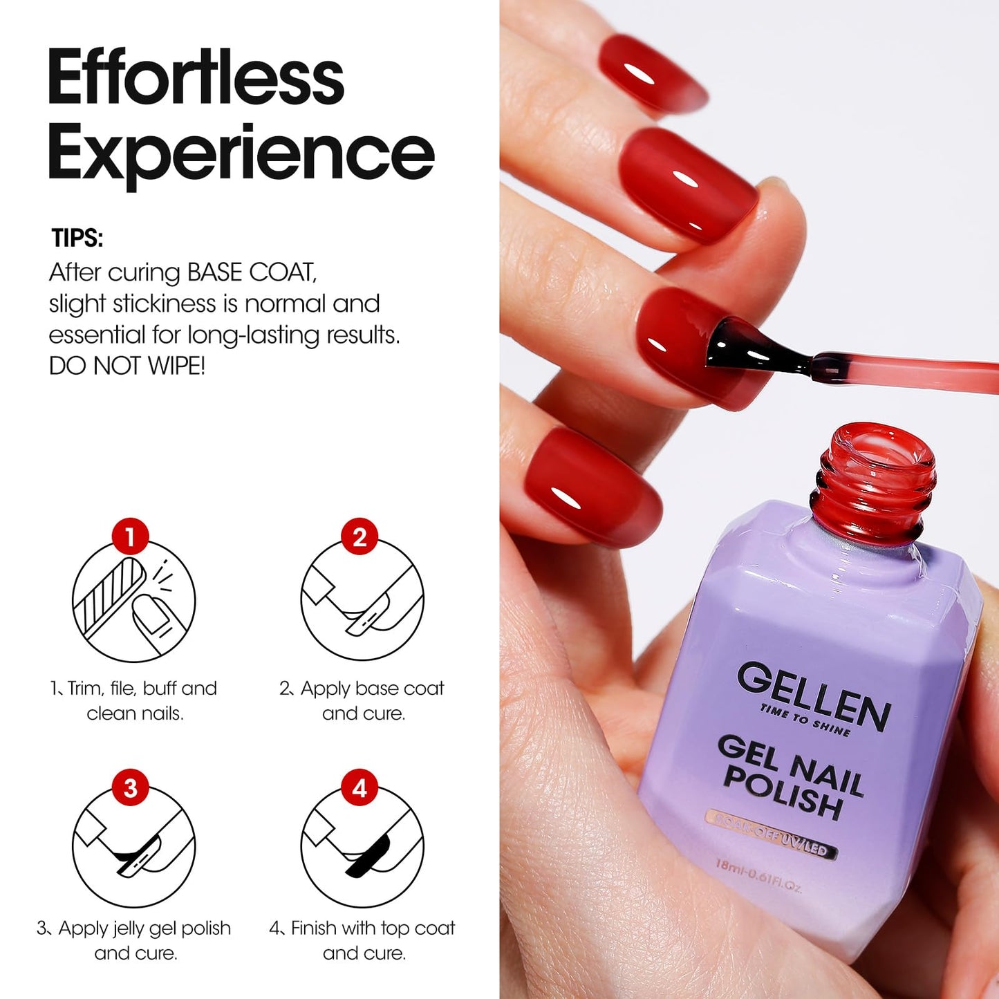 Gellen Jelly Gel Nail Polish, 18ML Jelly Red Gel Polish Soak Off LED U V Nail Gel Polish Sheer Translucent Gel Nail Polish DIY Nail Art Starter Manicure Salon Gifts for Women