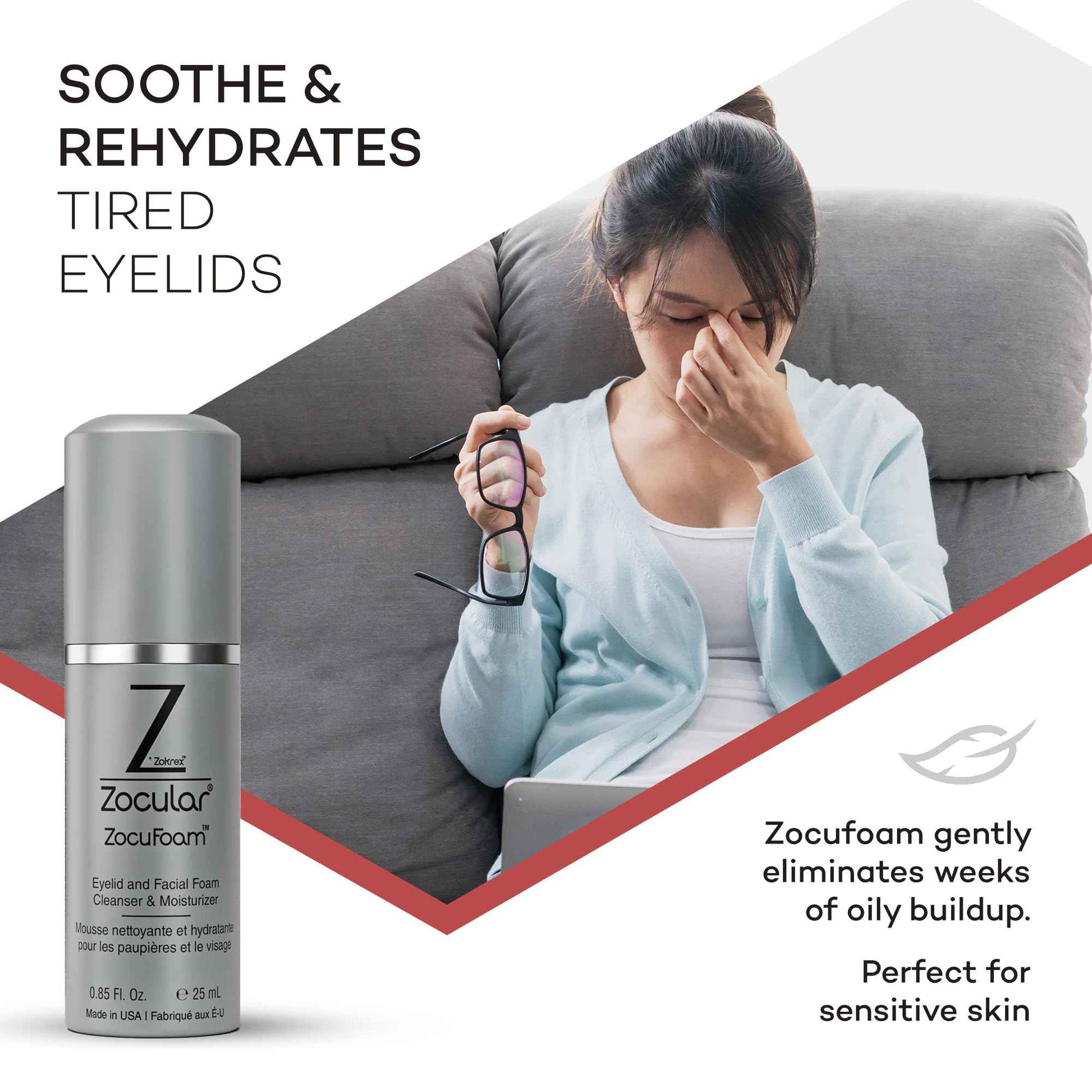 Zocular ZocuFoam Eyelid Cleanser - Foaming Eyelid Scrub - Natural pH Balanced Solution - 25mL