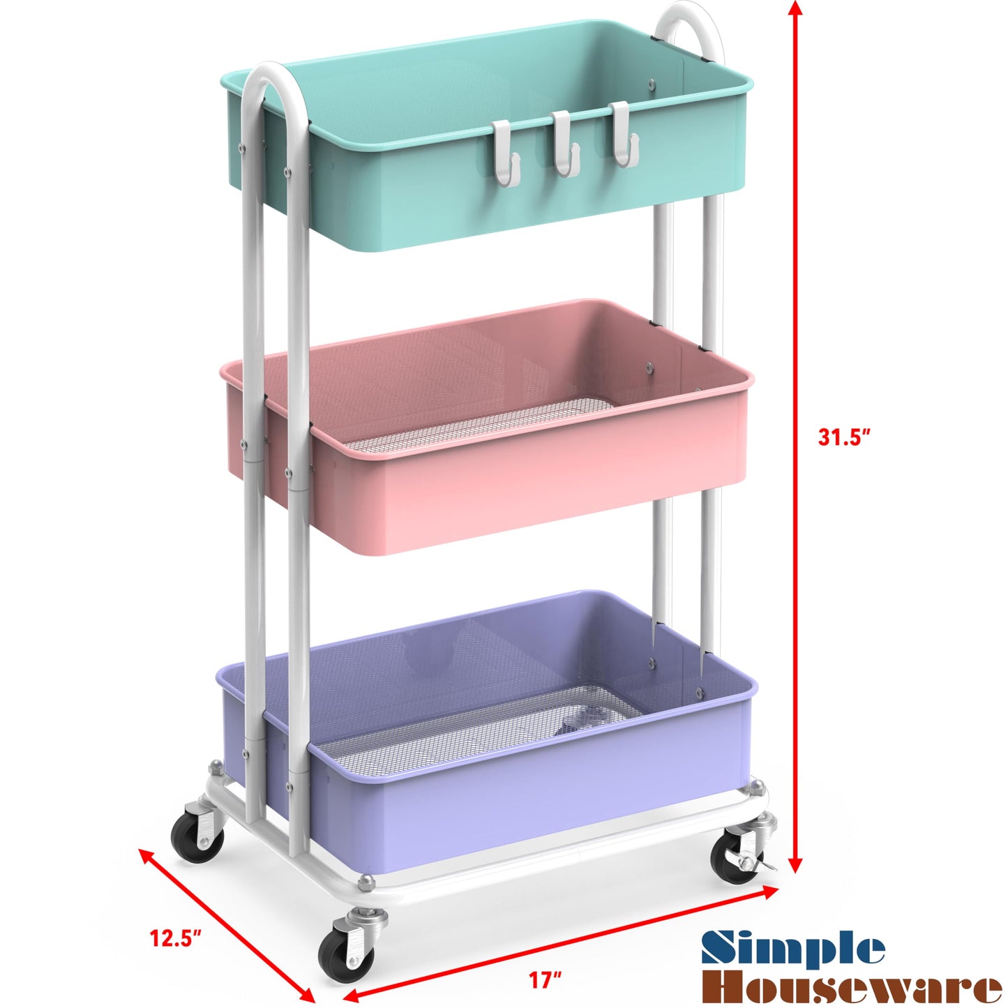 Simple Houseware Heavy Duty 3-Tier Metal Utility Rolling Cart, Multicolor