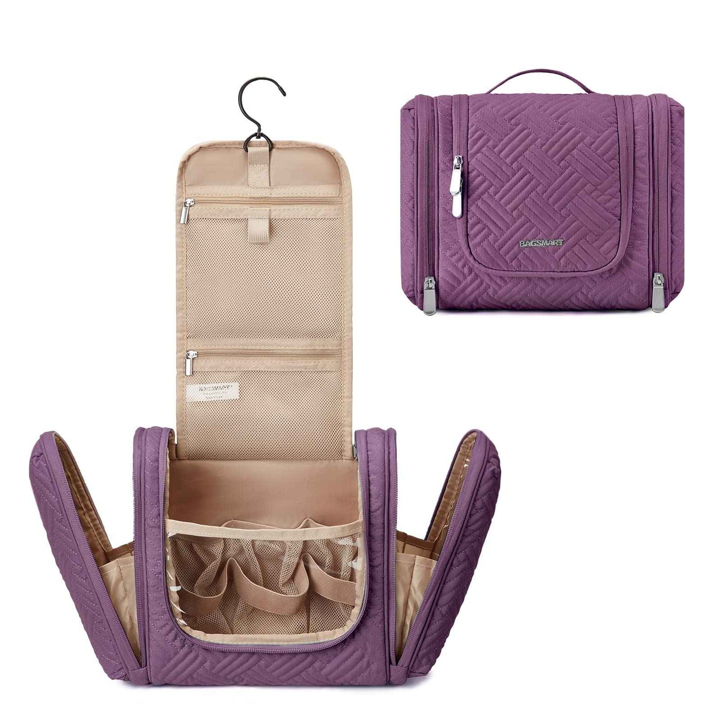 BAGSMART Atlas Travel Toiletry Bag for Women, Hanging Toiletry Bag with Hook, Travel Cosmetic Makeup Bag Travel Organizer for Accessories, Shampoo, Full Sized Container, Toiletries,Purple-Medium
