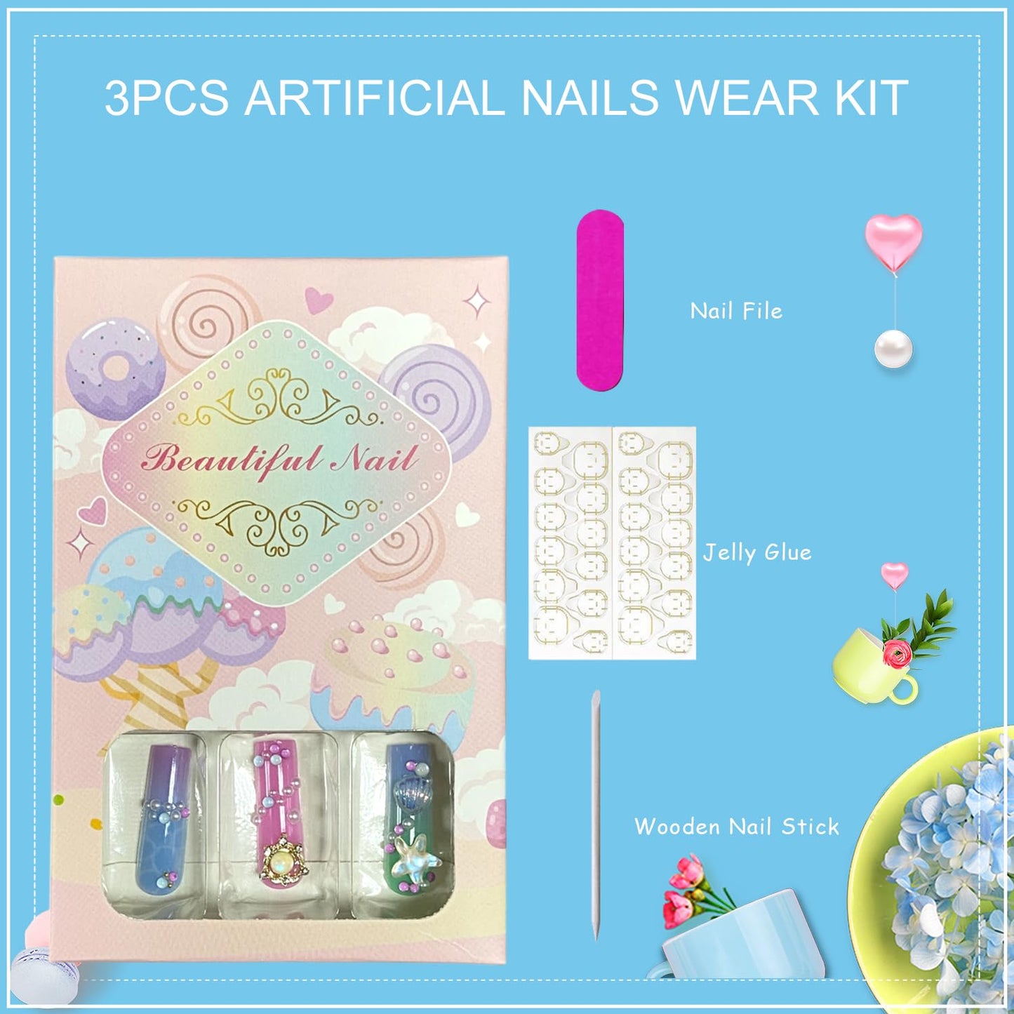 Tyuimhx Ocean Theme Press on Nails Square Long Fake Nails Summer Luxurious False Nails With 3D Starfish Seashells Rhinestones Pearls Designs Full Cover Stick on Nails Acrylic Artificial Nails 24Pcs