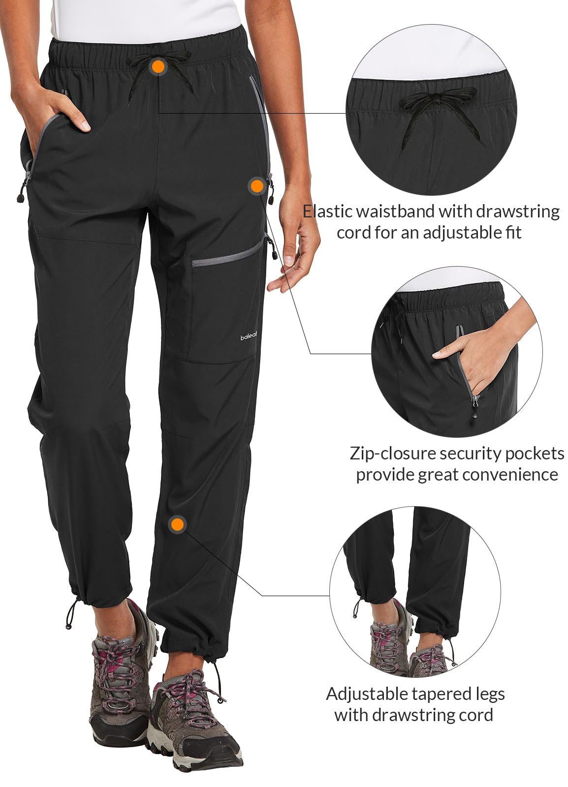 BALEAF Women's Hiking Pants Quick Dry Water Resistant Lightweight Joggers Pant for All Seasons Elastic Waist Black Size XS