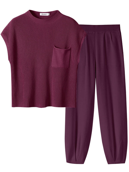 ANRABESS Women's Two Piece Outfits Knit Sweater Pullover Crop Top & Pants Lounge Matching Tracksuit Sweatsuit Sets 2024 Trendy Loungewear Clothes Burgundy X-Small