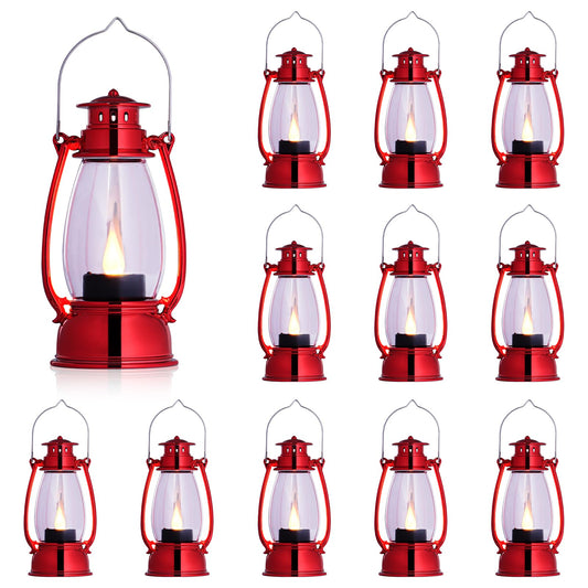 LLQ 12 Pack Vintage Decorative Lanterns, Red Mini Candle Lantern Decorative LED Candle Holders with Flameless Candles for Wedding Table Centerpieces, Christmas Party Outdoor Decorations