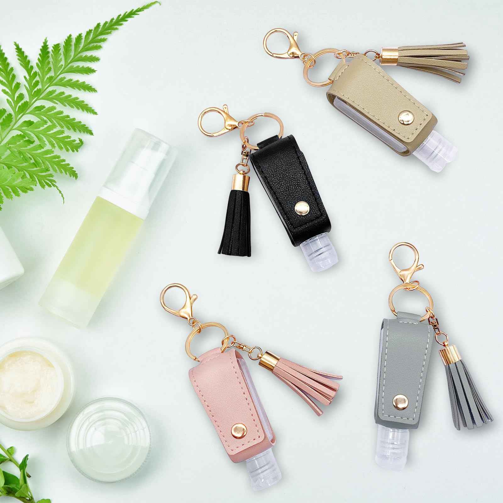 WATUNID 4 Pack Portable Travel Hand Sanitizer Keychain Holder with Funnel, Small Leather Empty Travel Size